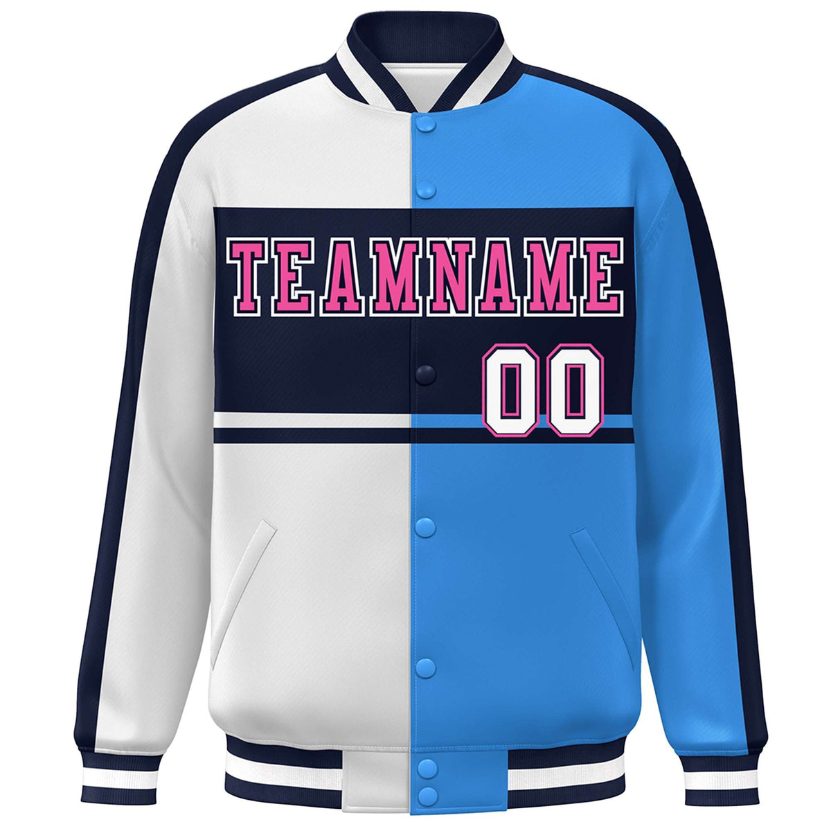 Custom White Powder Blue Navy-Pink Color Block Bomber Varsity Baseball Jacket