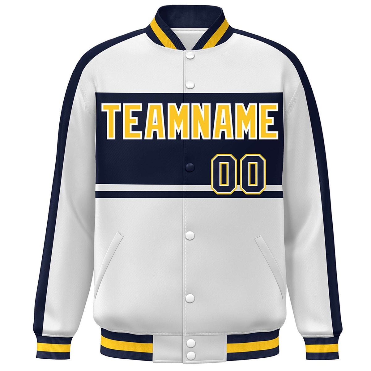 Custom White Navy-Gold Color Block Bomber Varsity Baseball Jacket