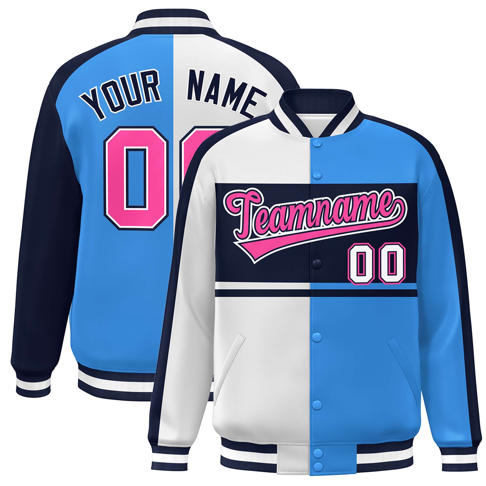 Custom White Powder Blue Navy-Pink Color Block Bomber Varsity Baseball Jacket