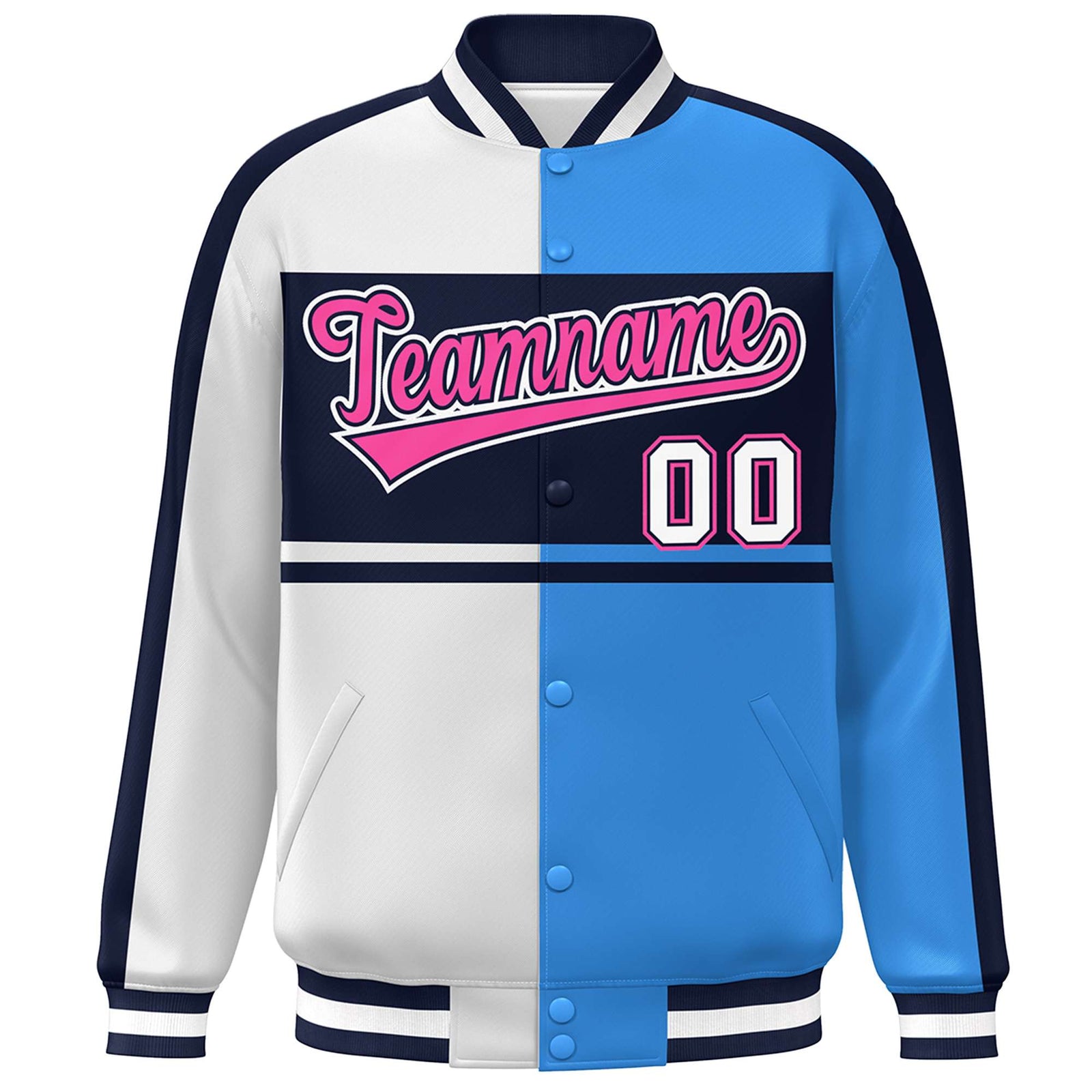 Custom White Powder Blue Navy-Pink Color Block Bomber Varsity Baseball Jacket