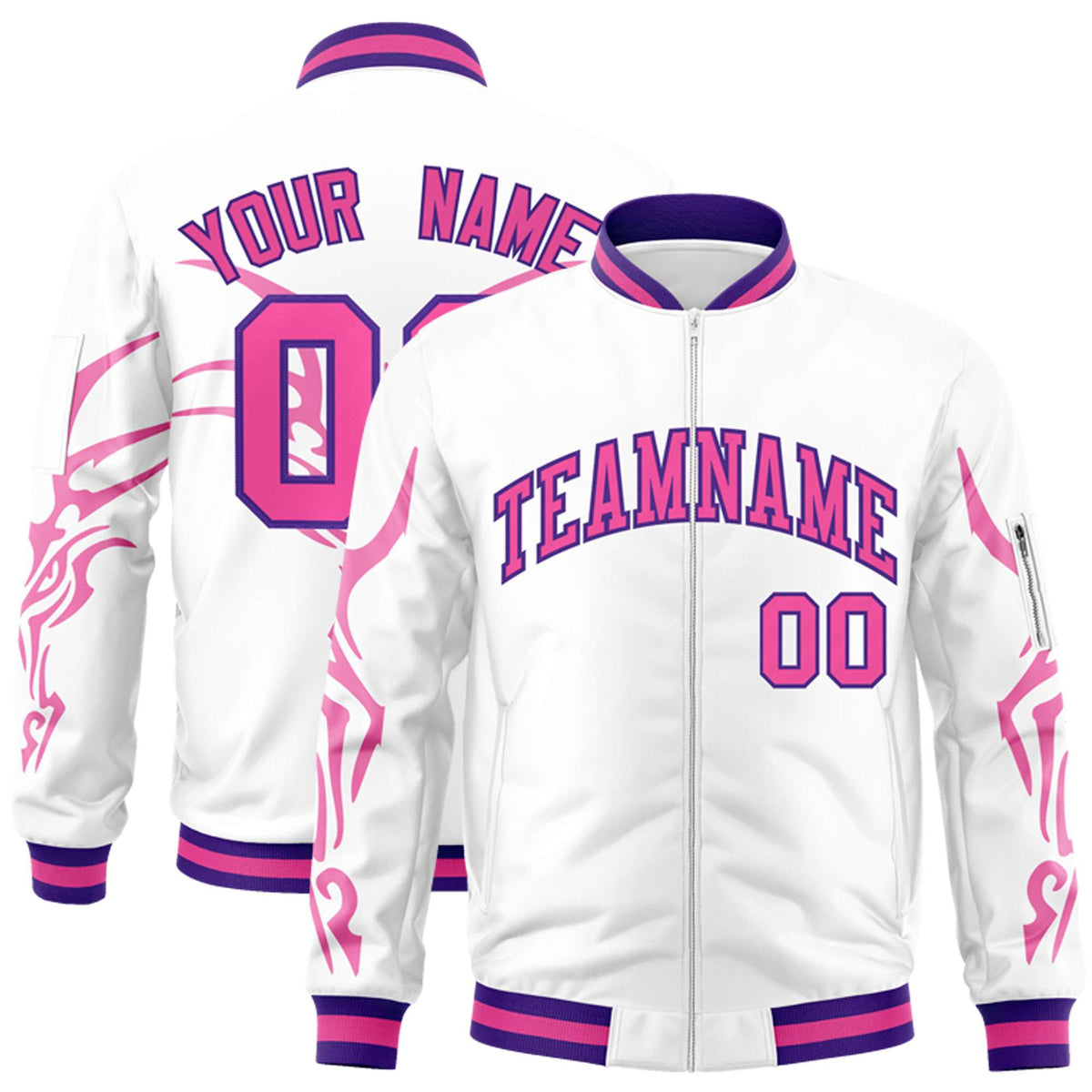 Custom White Pink Varsity Full-Zip Dragon Head Graffiti Pattern Letterman Bomber Jacket