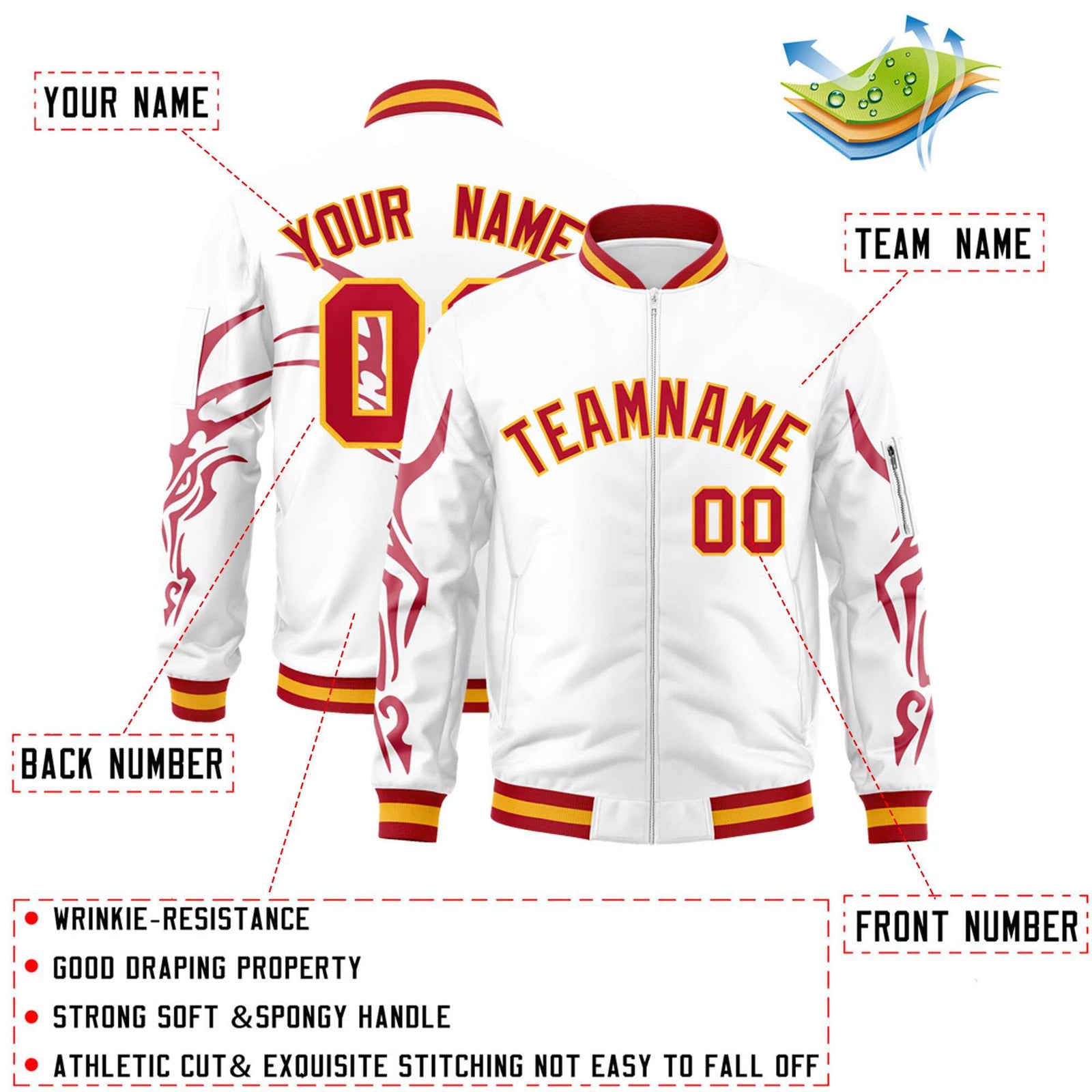 Custom White Red Varsity Full-Zip Dragon Head Graffiti Pattern Letterman Bomber Jacket