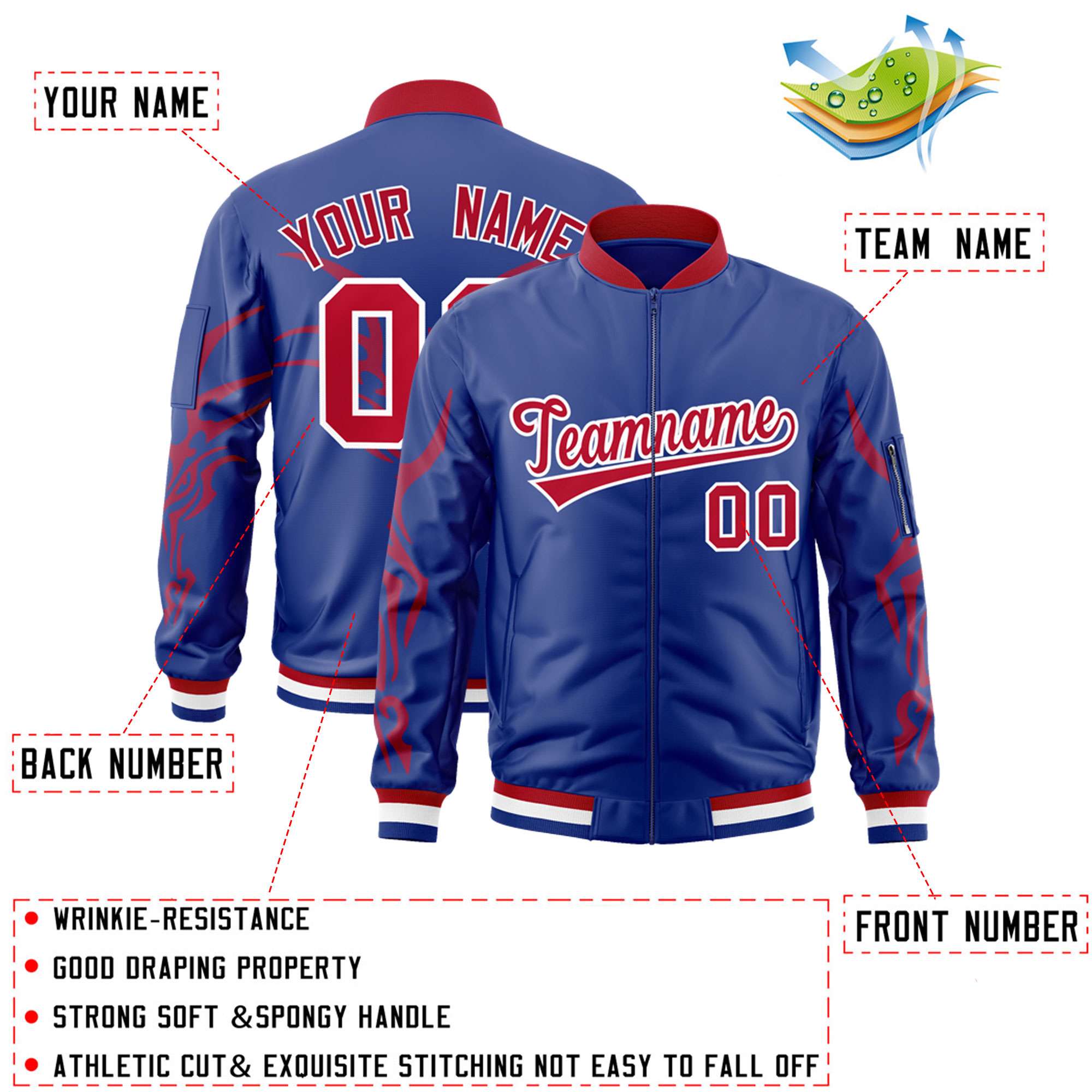 Custom Royal Red Varsity Full-Zip Dragon Head Graffiti Pattern Letterman Bomber Jacket