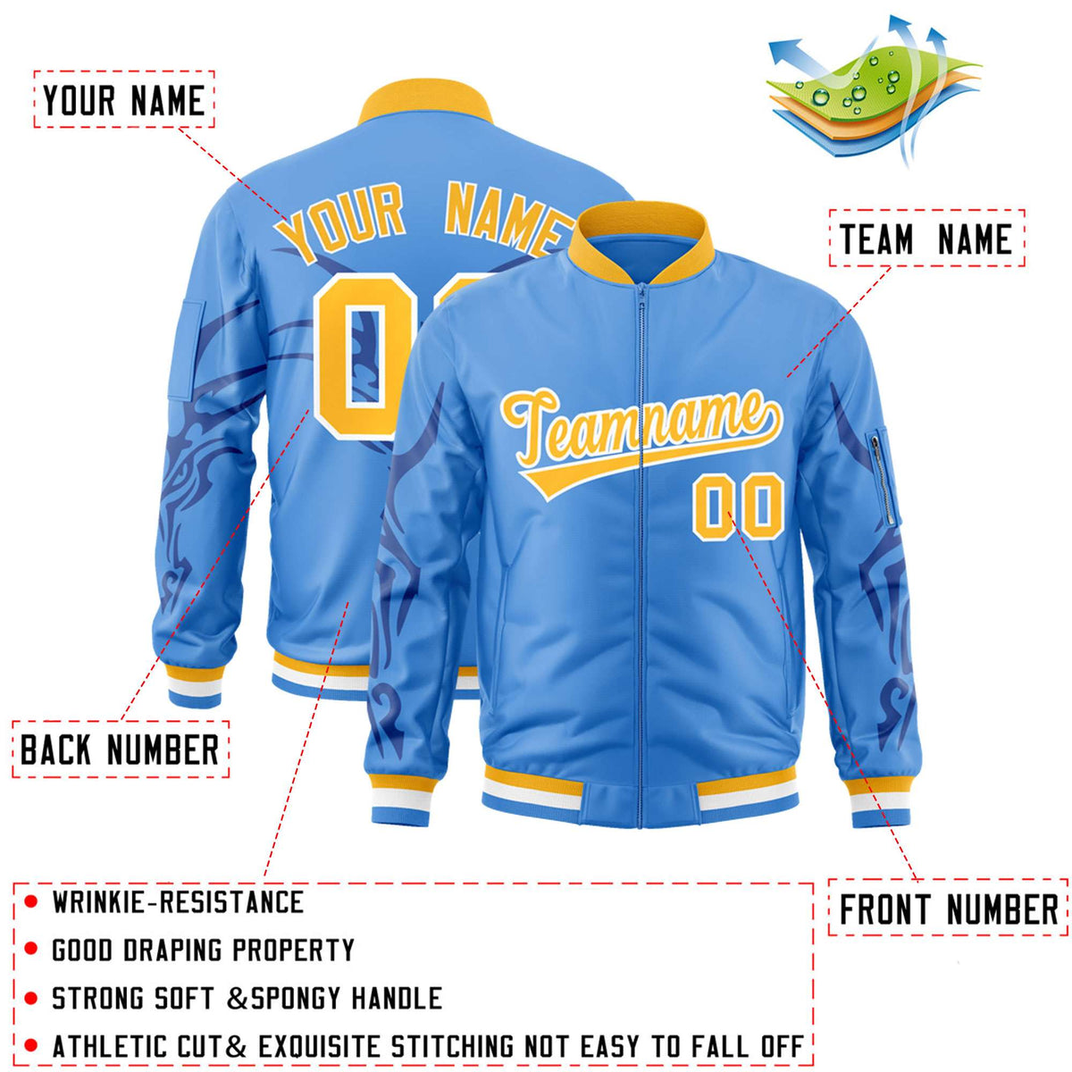 Custom Powder Blue Gold Varsity Full-Zip Dragon Head Graffiti Pattern Letterman Bomber Jacket