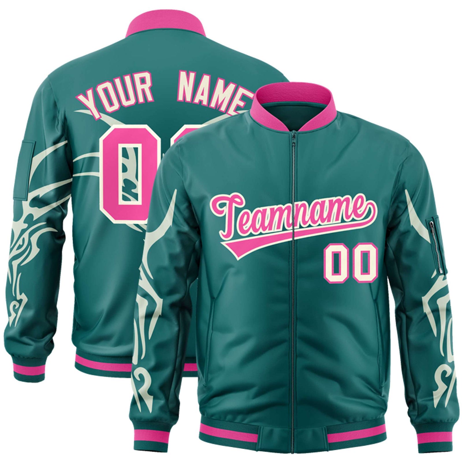 Custom Aqua Cream Varsity Full-Zip Dragon Head Graffiti Pattern Letterman Bomber Jacket