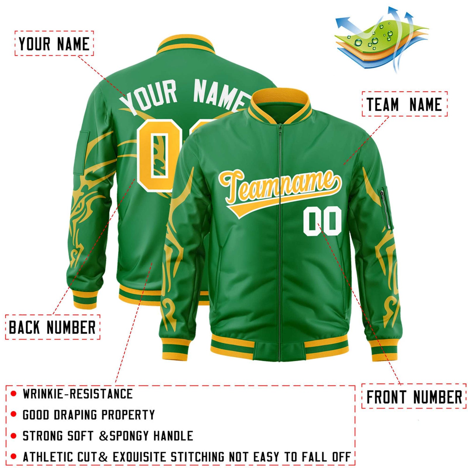 Custom Kelly Green Gold Varsity Full-Zip Dragon Head Graffiti Pattern Letterman Bomber Jacket