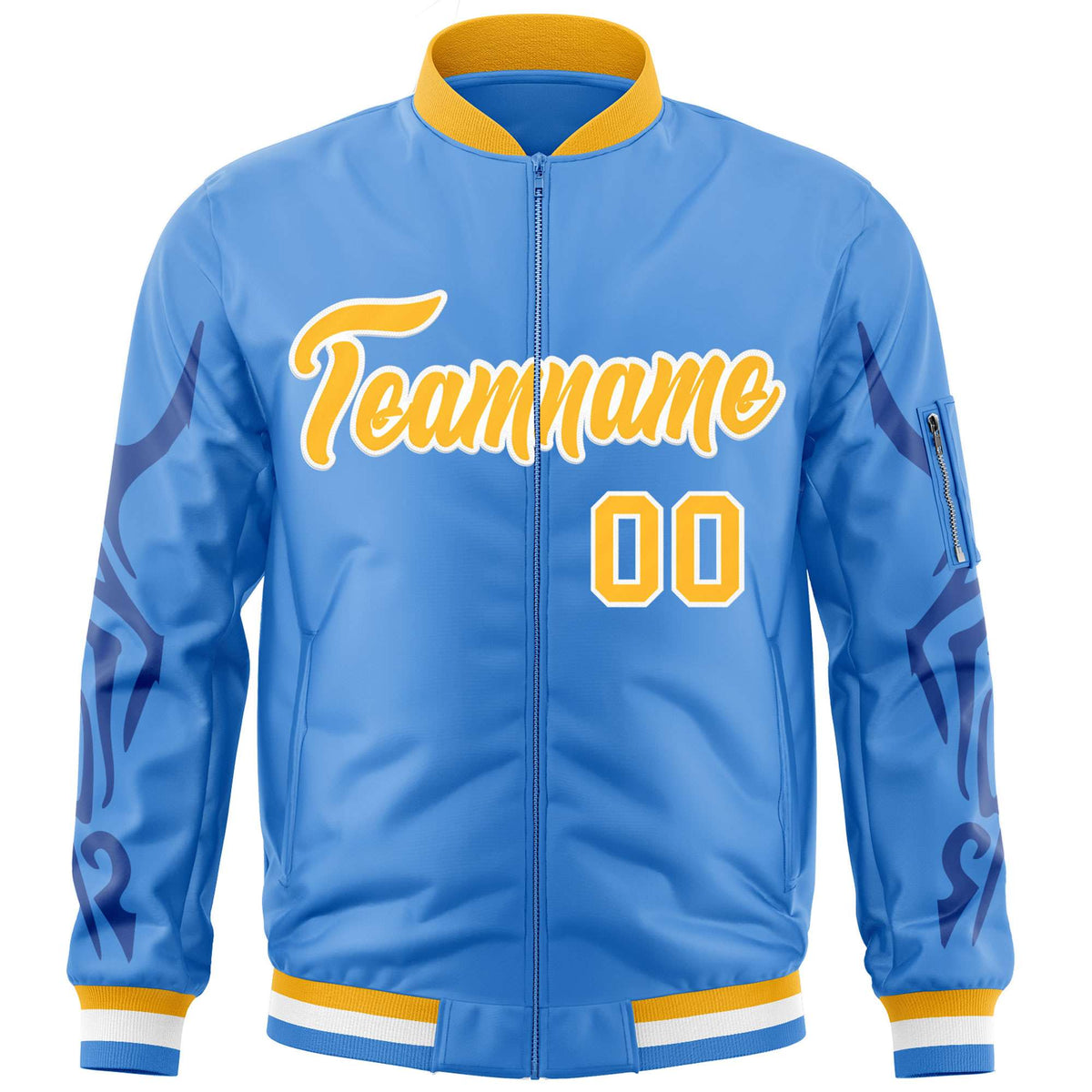 Custom Powder Blue Gold Varsity Full-Zip Dragon Head Graffiti Pattern Letterman Bomber Jacket