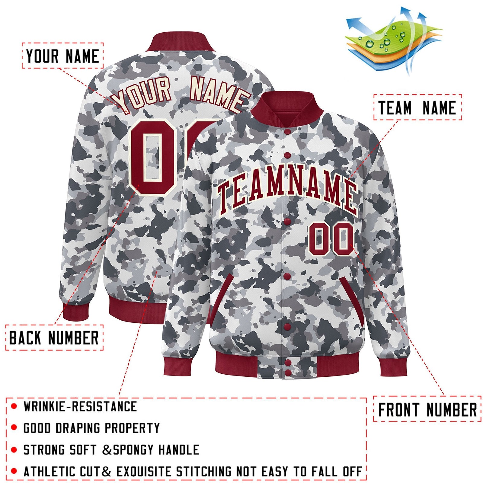Custom Crimson White Camo Varsity Full-Snap Letterman Bomber Jacket