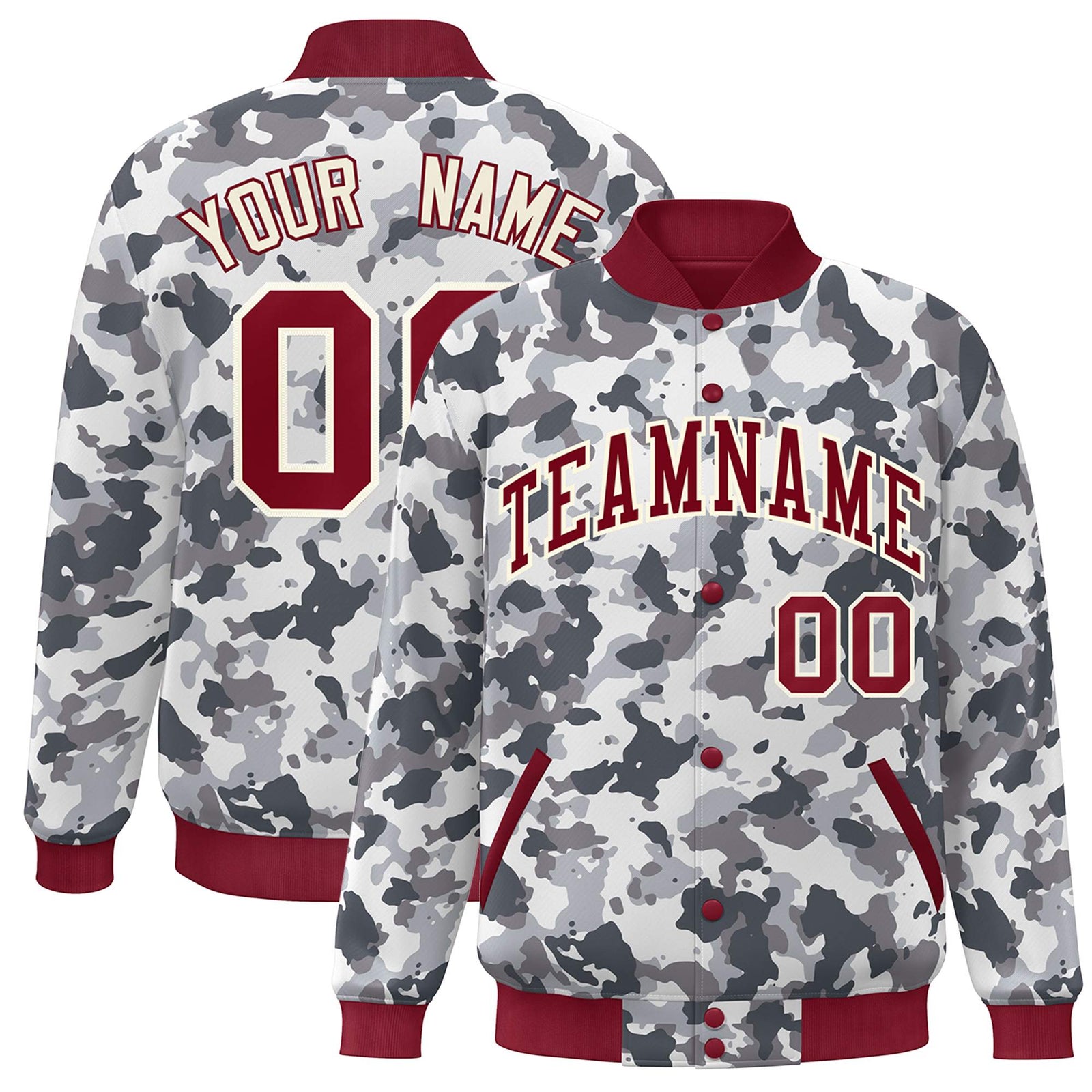 Custom Crimson White Camo Varsity Full-Snap Letterman Bomber Jacket