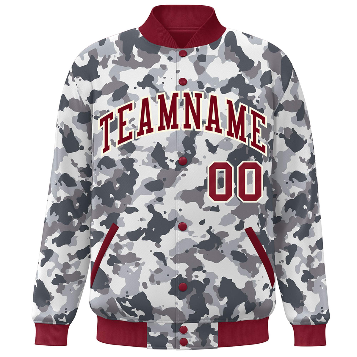 Custom Crimson White Camo Varsity Full-Snap Letterman Bomber Jacket