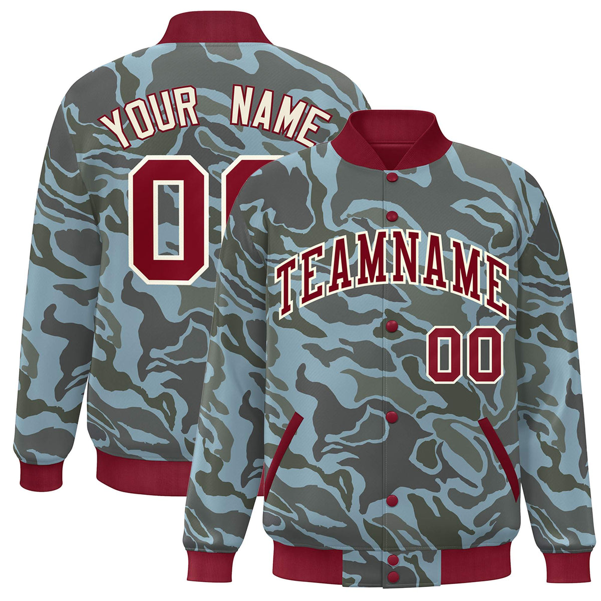 Custom Crimson White Camo Varsity Full-Snap Letterman Bomber Jacket