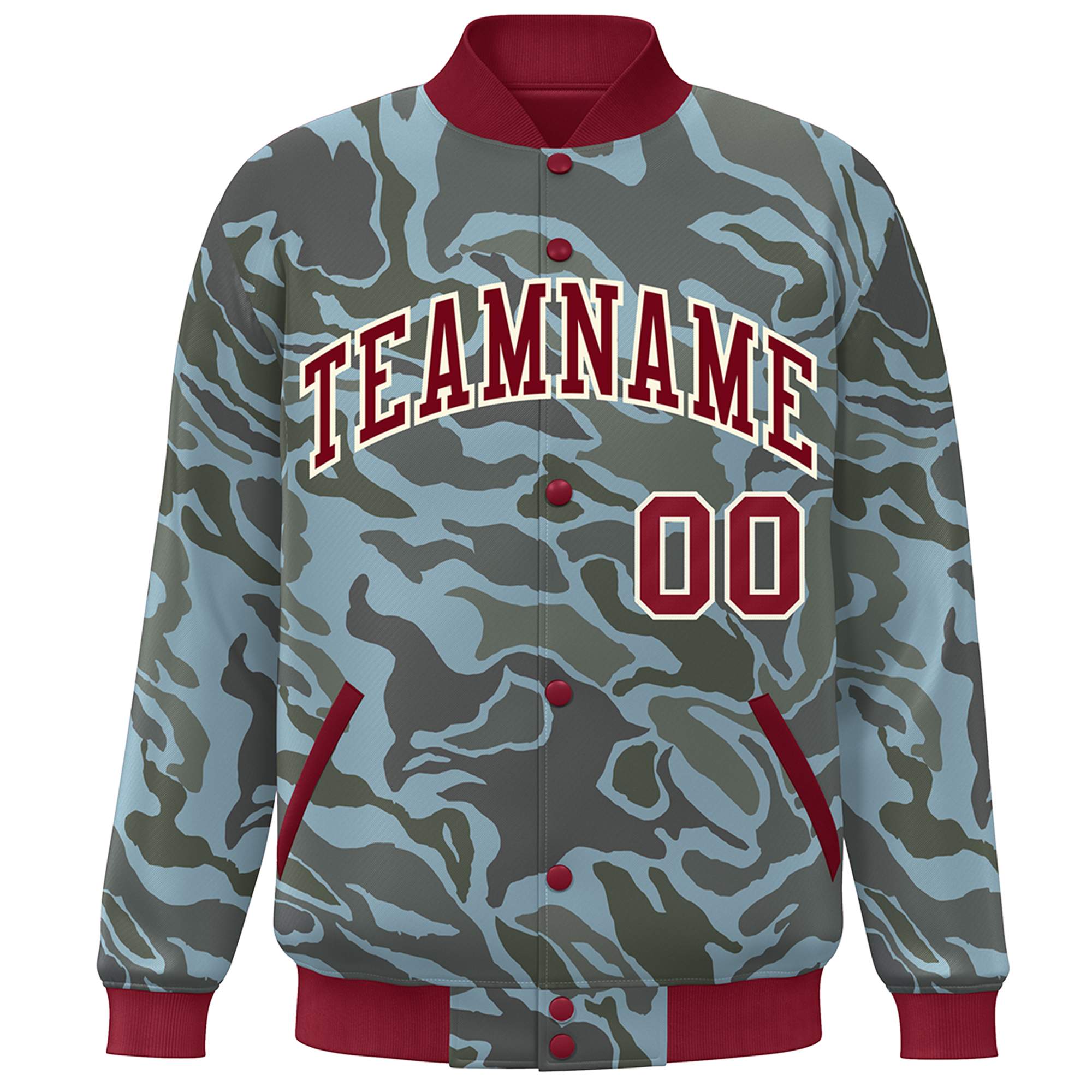 Custom Crimson White Camo Varsity Full-Snap Letterman Bomber Jacket