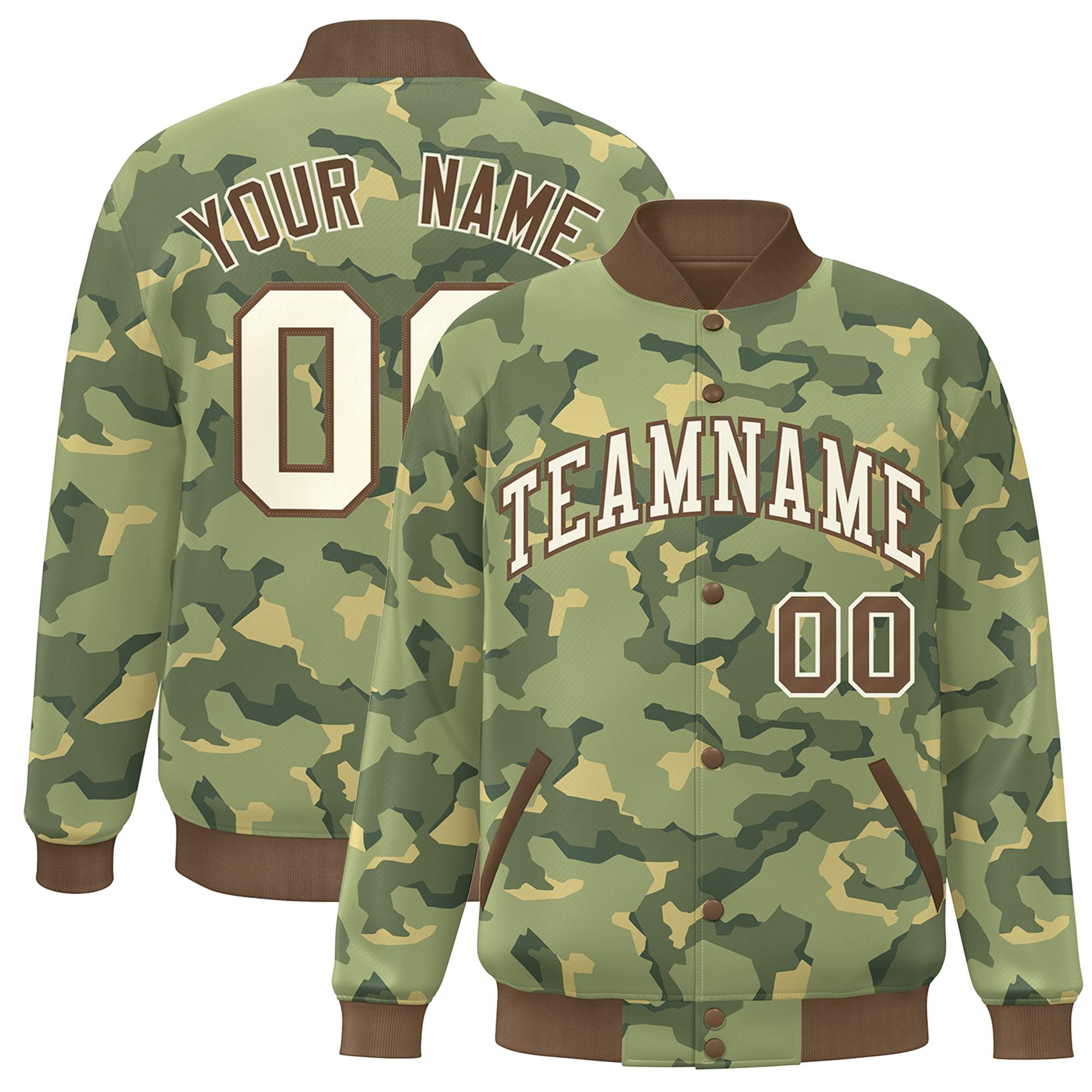 Custom Brown White Camo Varsity Full-Snap Letterman Bomber Jacket