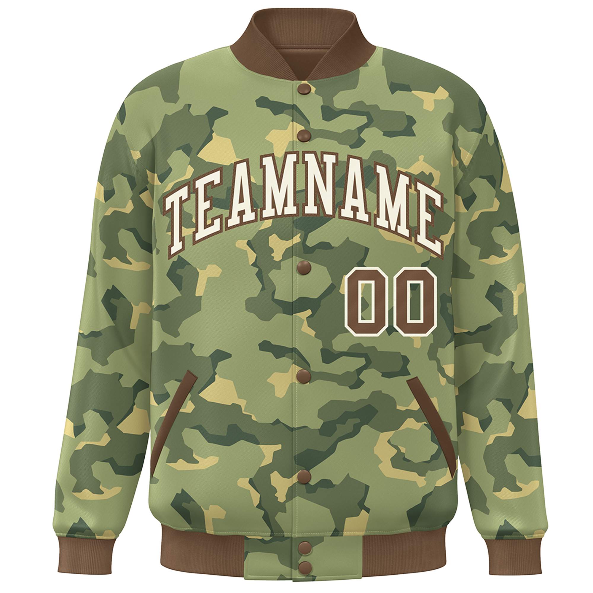 Custom Brown White Camo Varsity Full-Snap Letterman Bomber Jacket