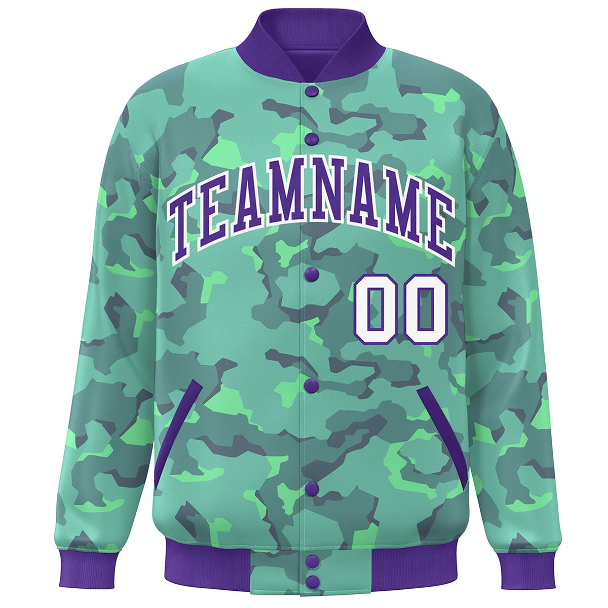 Custom Purple White Camo Varsity Full-Snap Letterman Bomber Jacket