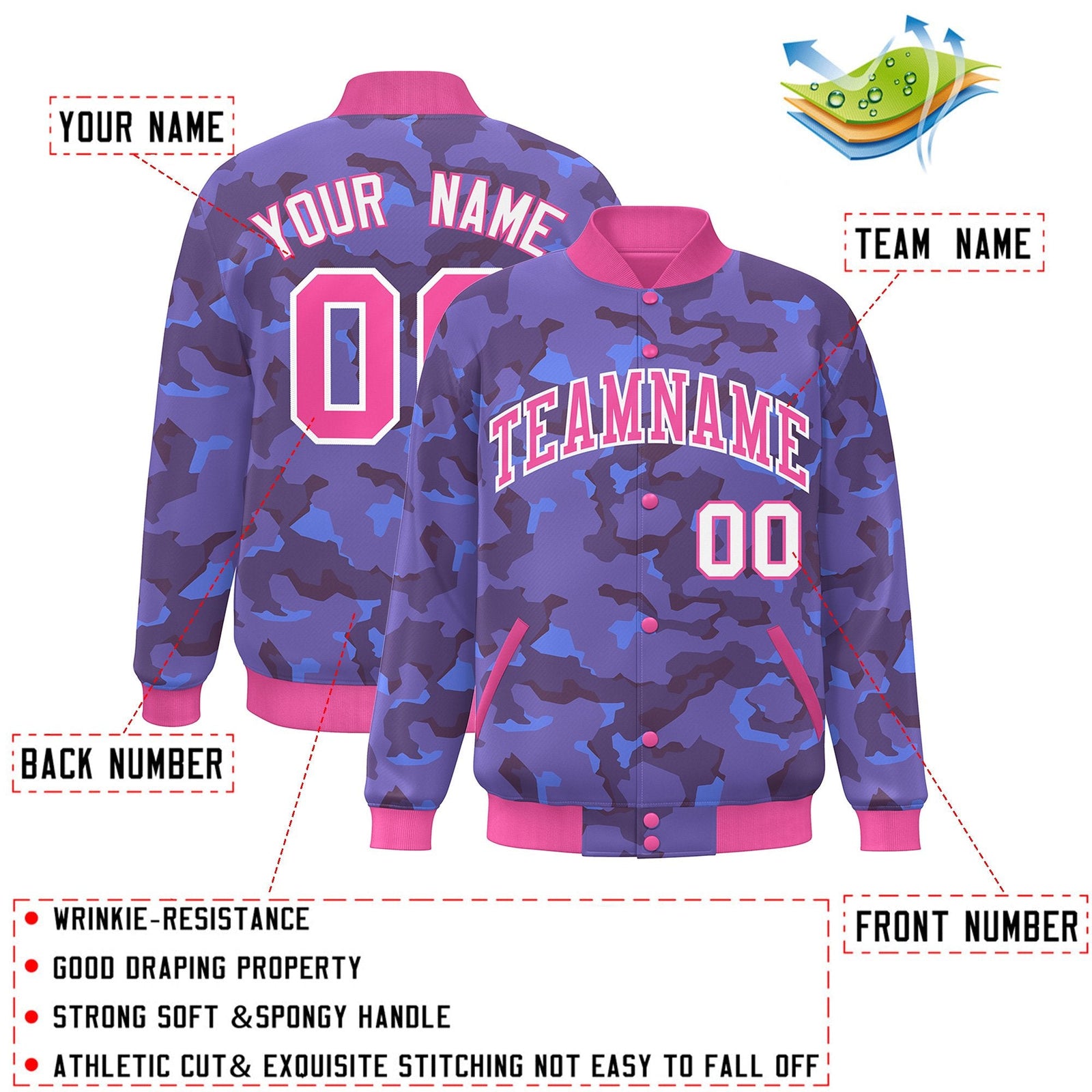 Custom Pink White Camo Varsity Full-Snap Letterman Bomber Jacket
