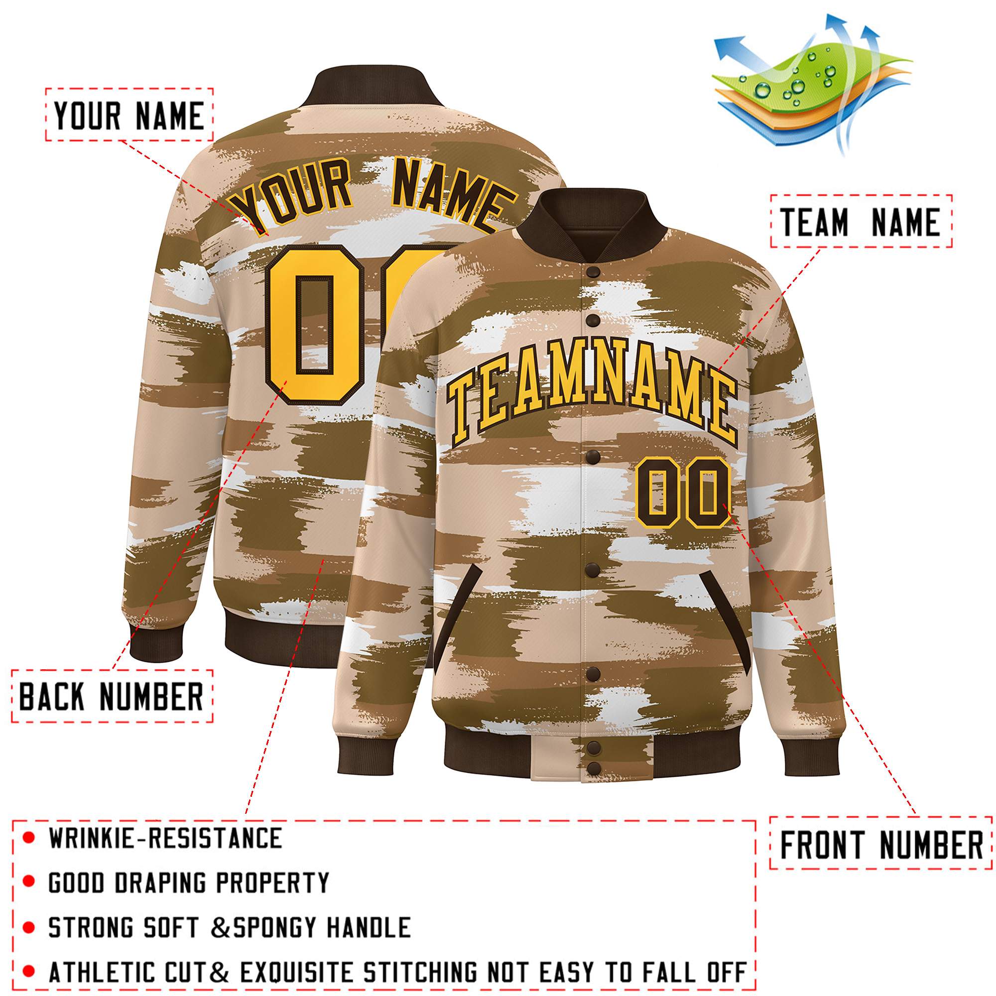 Custom Brown Gold Camo Varsity Full-Snap Letterman Bomber Jacket