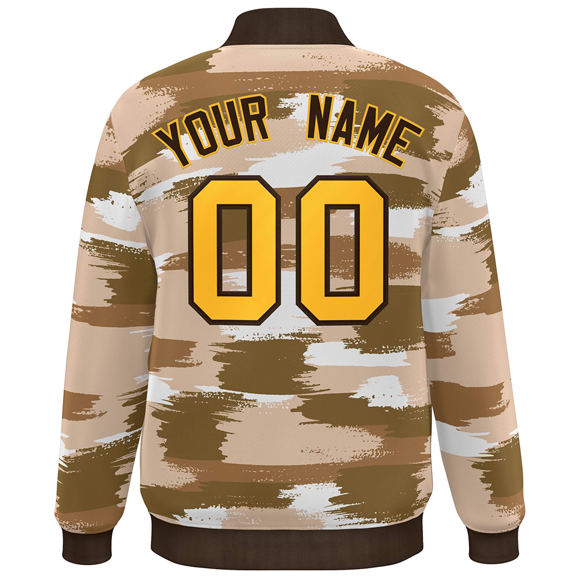Custom Brown Gold Camo Varsity Full-Snap Letterman Bomber Jacket