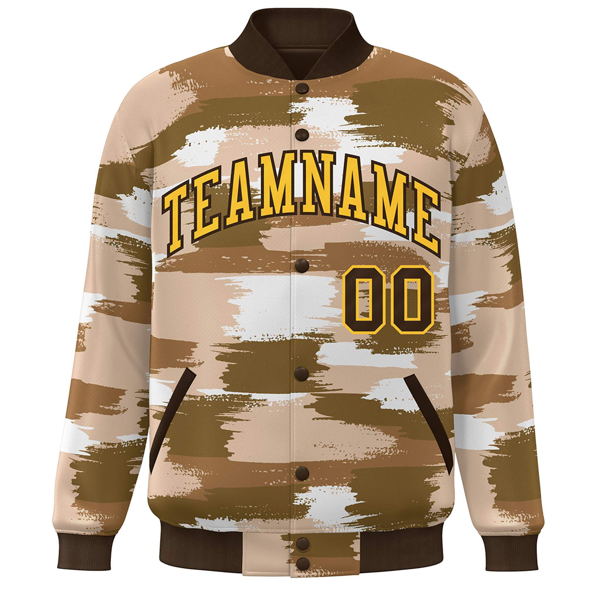 Custom Brown Gold Camo Varsity Full-Snap Letterman Bomber Jacket