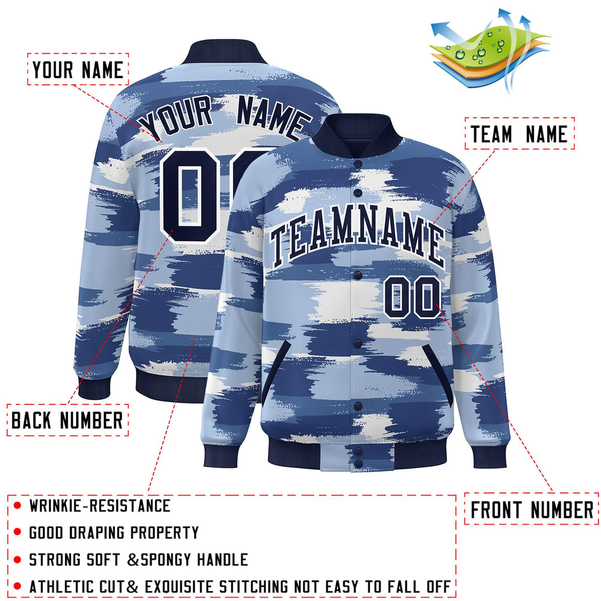 Custom Navy White Camo Varsity Full-Snap Letterman Bomber Jacket