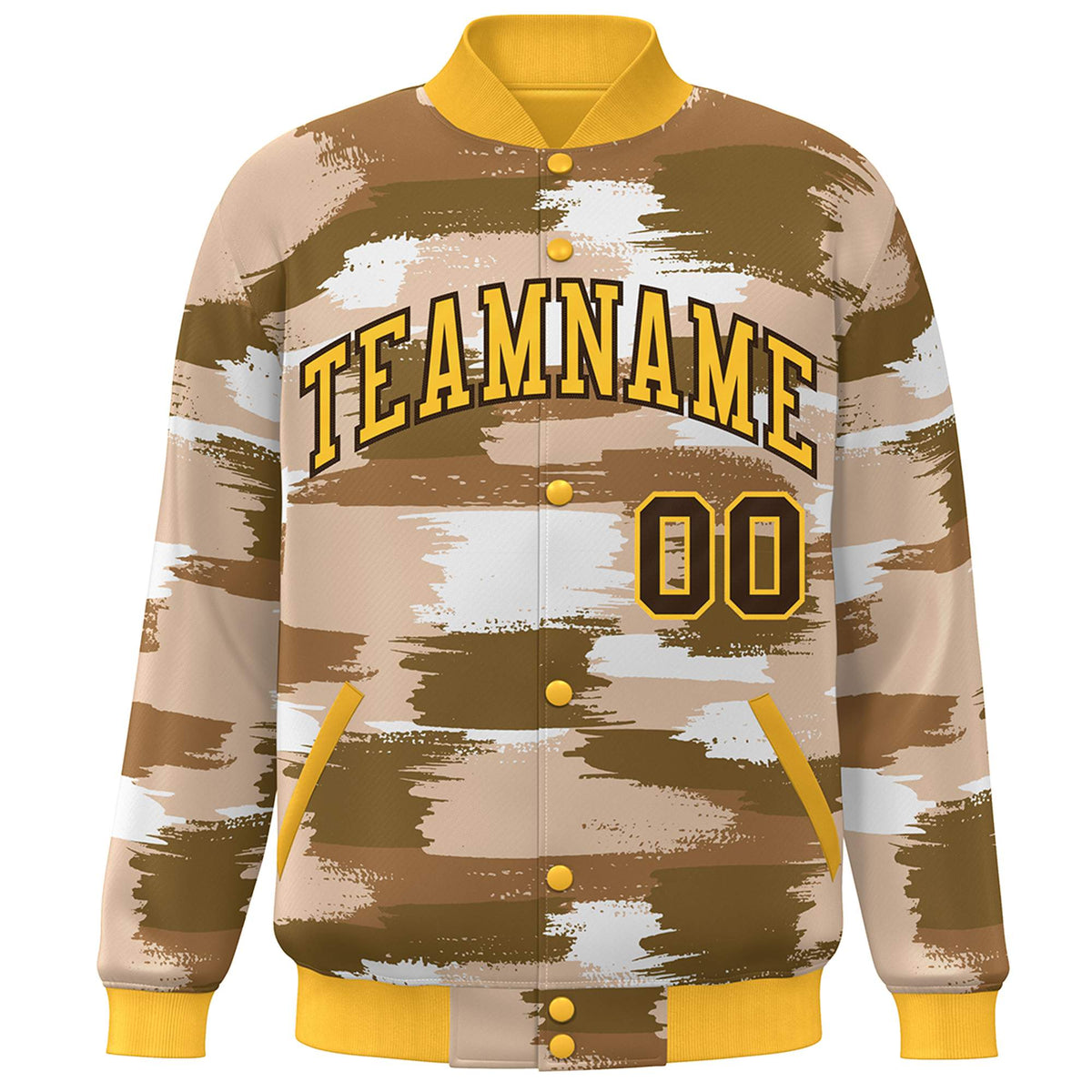 Custom Yellow Brown Camo Varsity Full-Snap Letterman Bomber Jacket