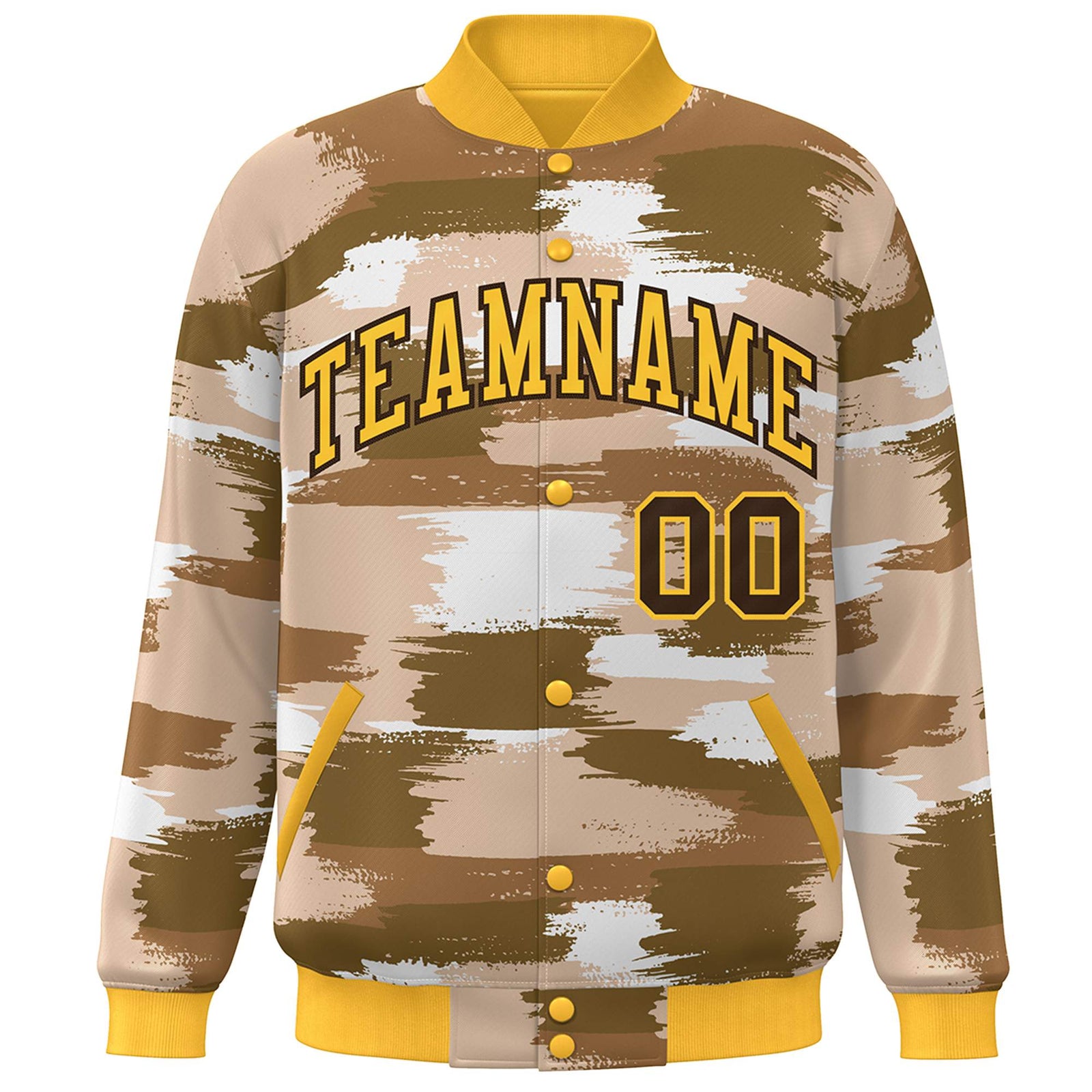 Custom Yellow Brown Camo Varsity Full-Snap Letterman Bomber Jacket