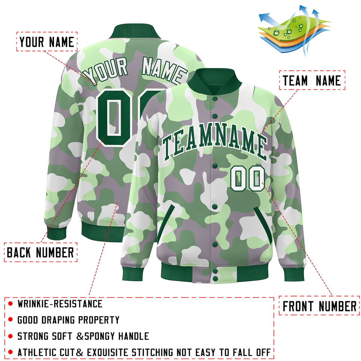 Custom Green White Camo Varsity Full-Snap Letterman Bomber Jacket