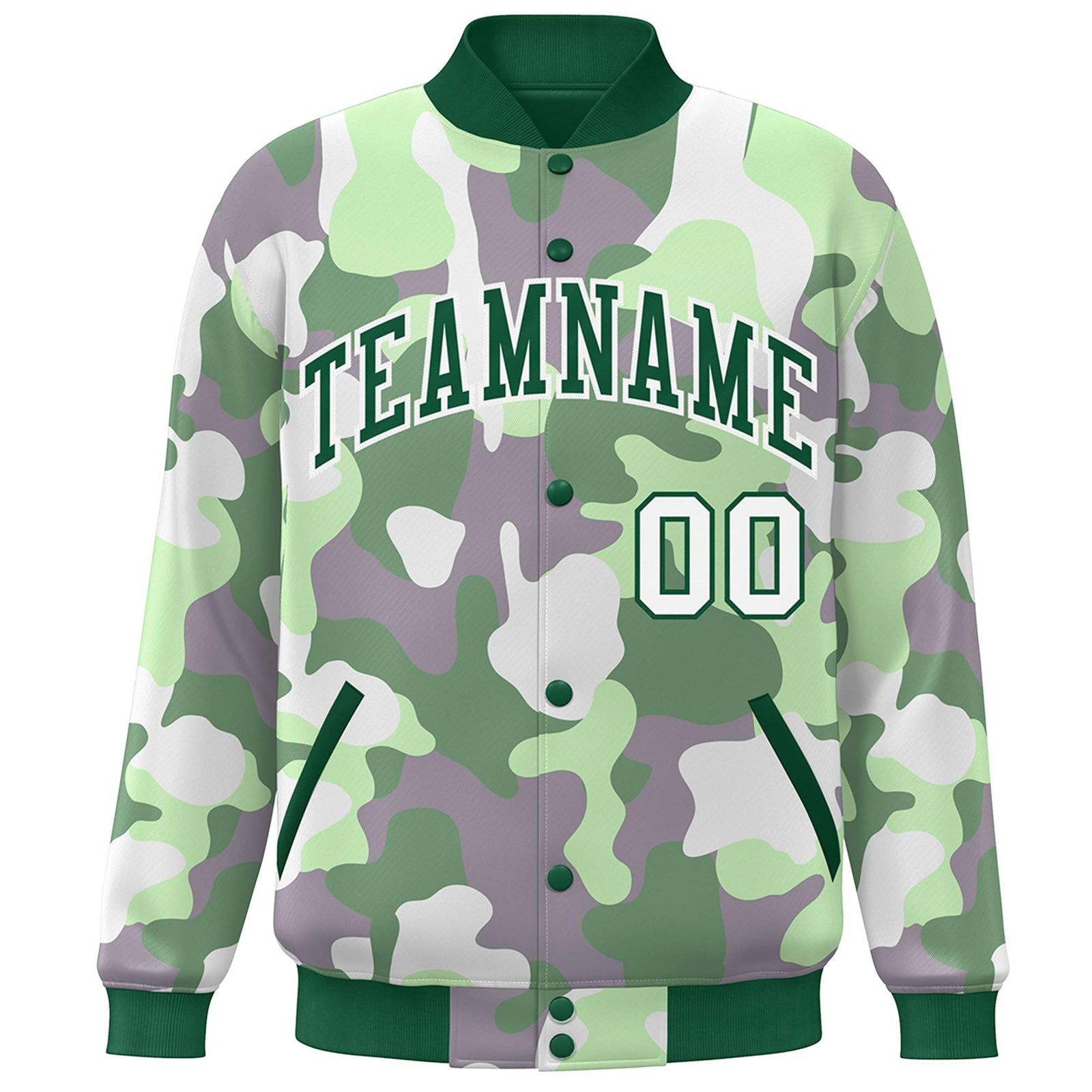 Custom Green White Camo Varsity Full-Snap Letterman Bomber Jacket