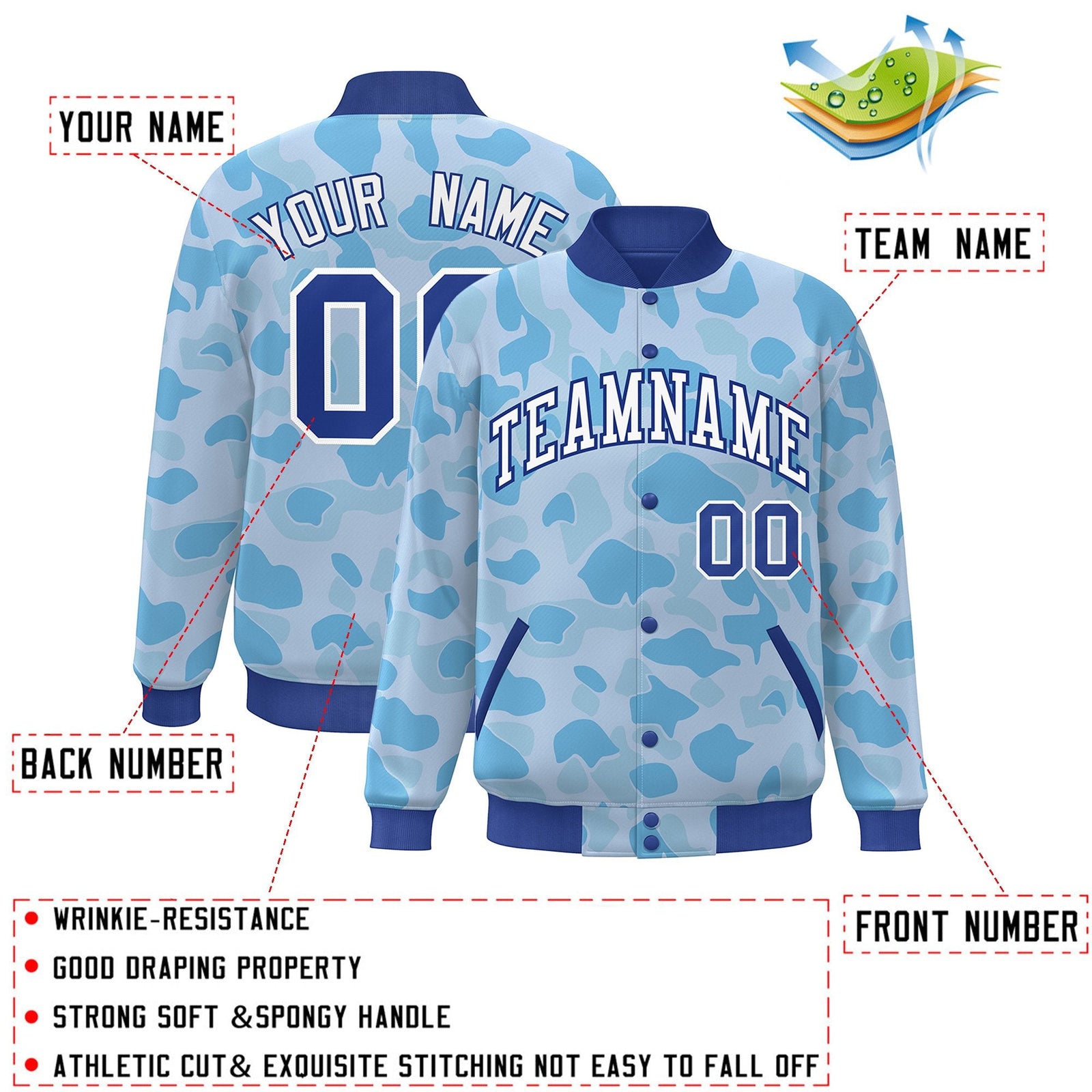 Custom Royal White Camo Varsity Full-Snap Letterman Bomber Jacket