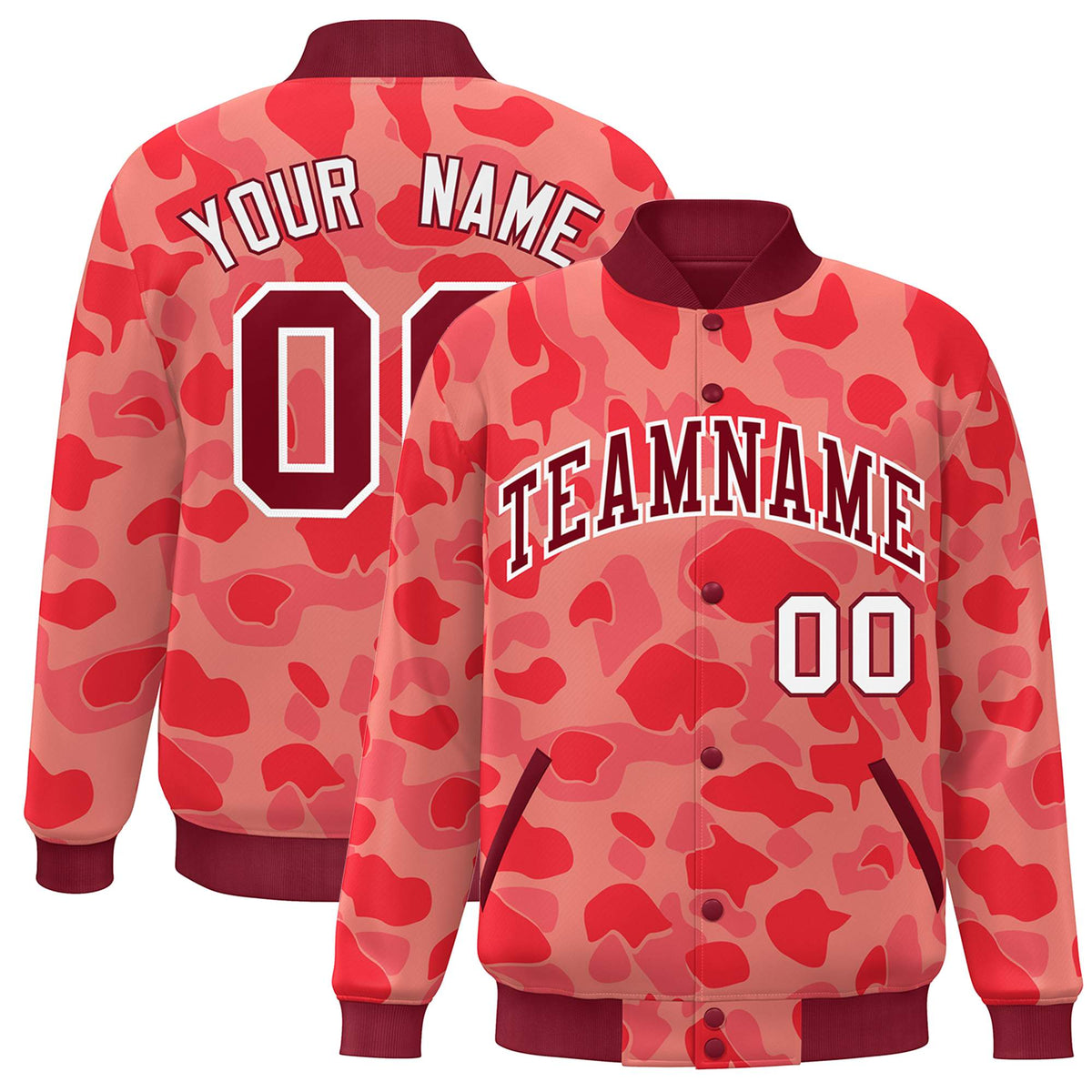 Custom Crimson White Camo Varsity Full-Snap Letterman Bomber Jacket