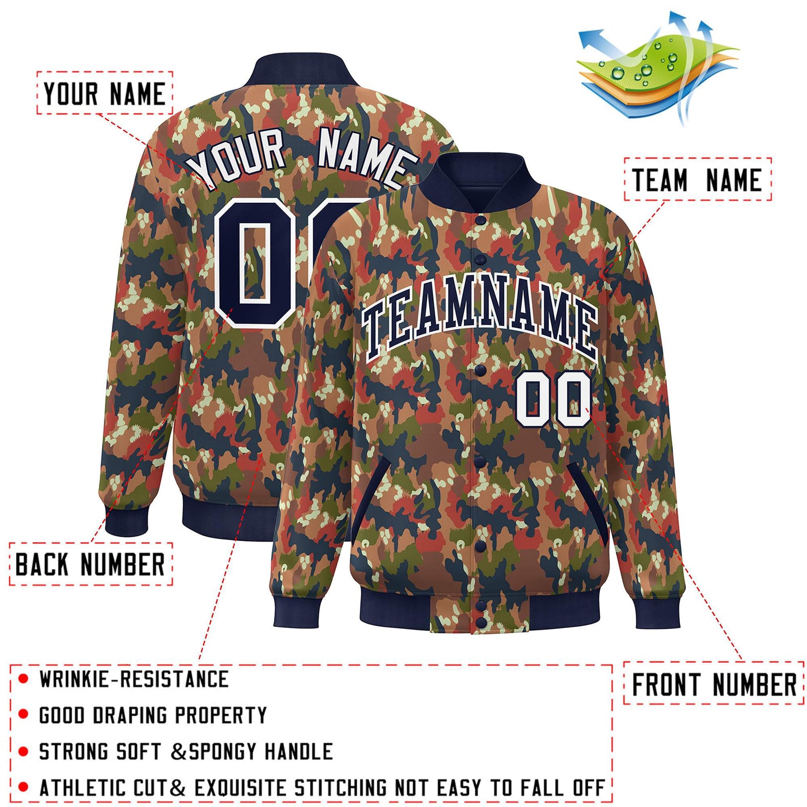 Custom Navy White Camo Varsity Full-Snap Letterman Bomber Jacket