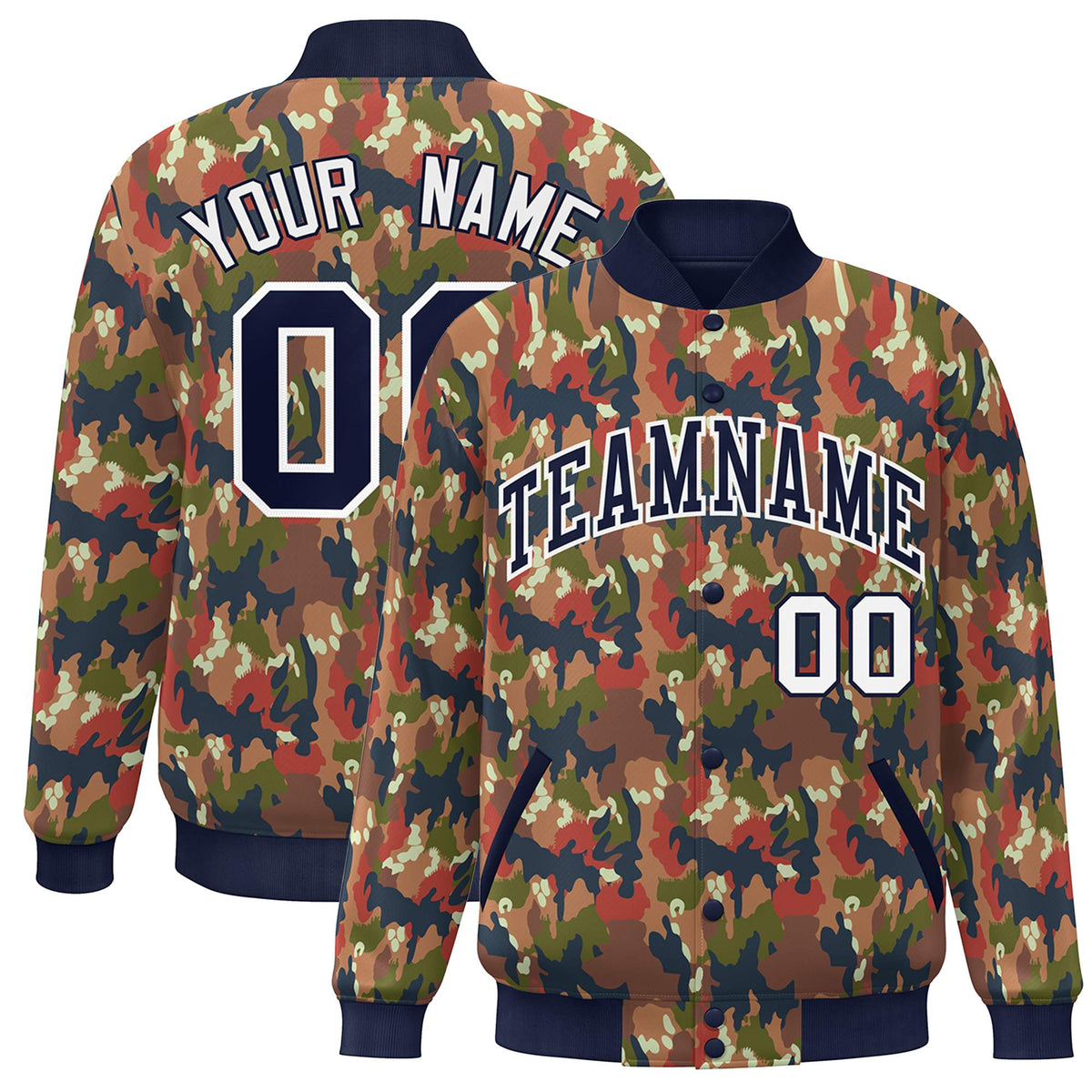 Custom Navy White Camo Varsity Full-Snap Letterman Bomber Jacket