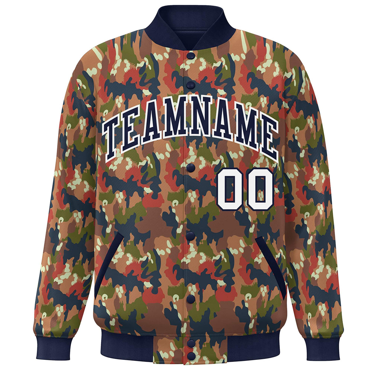 Custom Navy White Camo Varsity Full-Snap Letterman Bomber Jacket