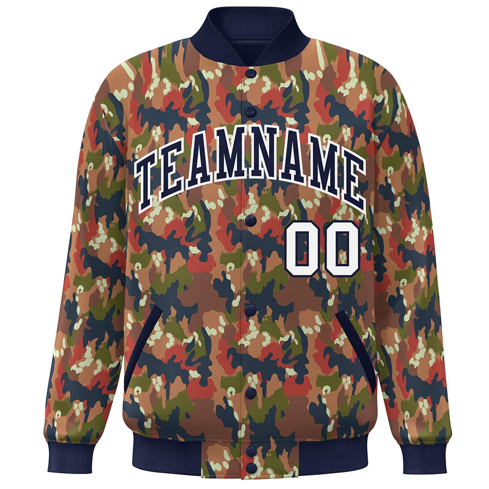 Custom Navy White Camo Varsity Full-Snap Letterman Bomber Jacket