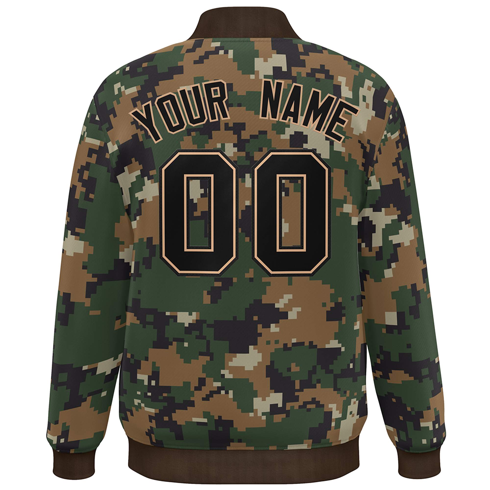 Custom Brown Black Camo Varsity Full-Snap Letterman Bomber Jacket
