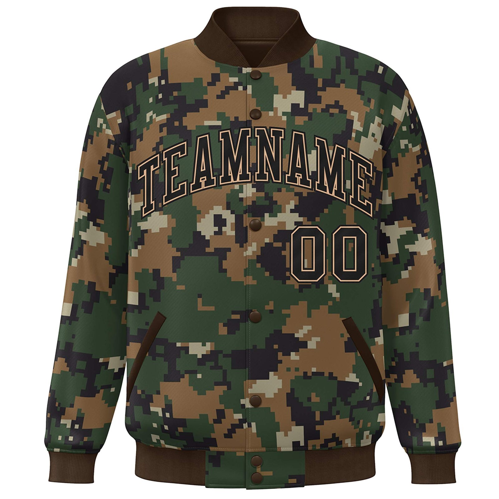 Custom Brown Black Camo Varsity Full-Snap Letterman Bomber Jacket