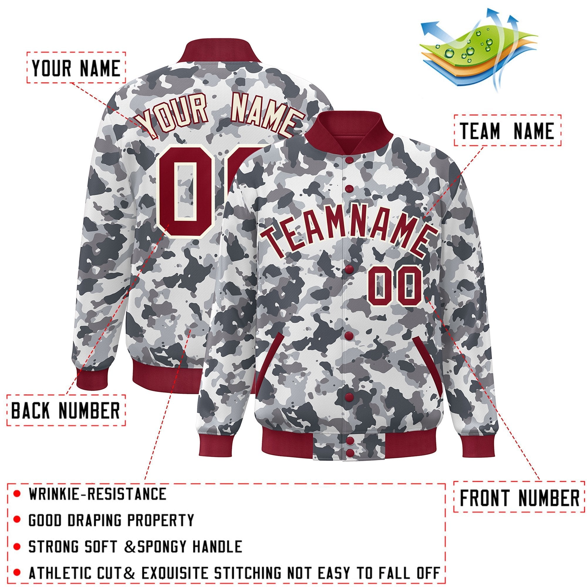 Custom Crimson White Camo Varsity Full-Snap Letterman Bomber Jacket