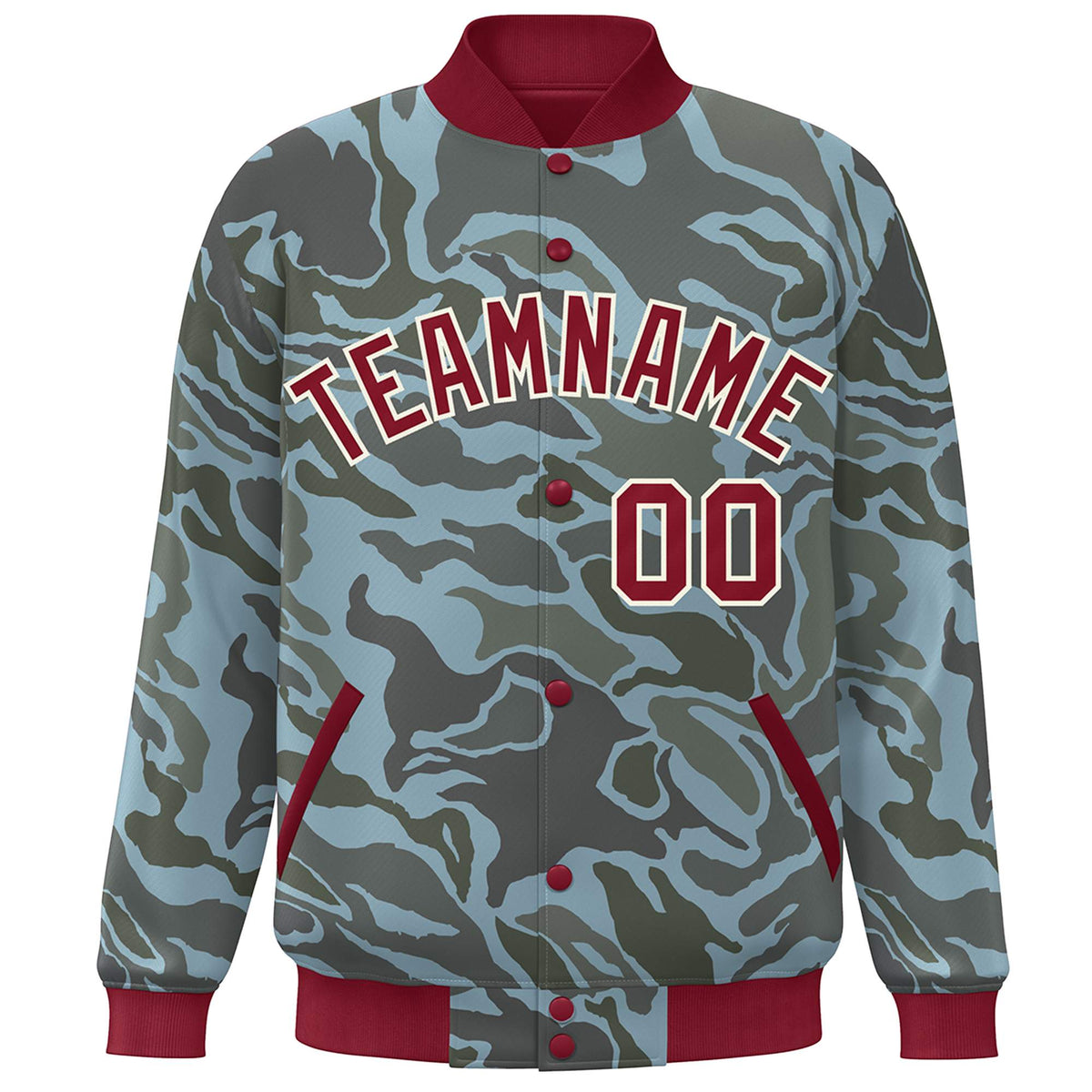 Custom Crimson White Camo Varsity Full-Snap Letterman Bomber Jacket
