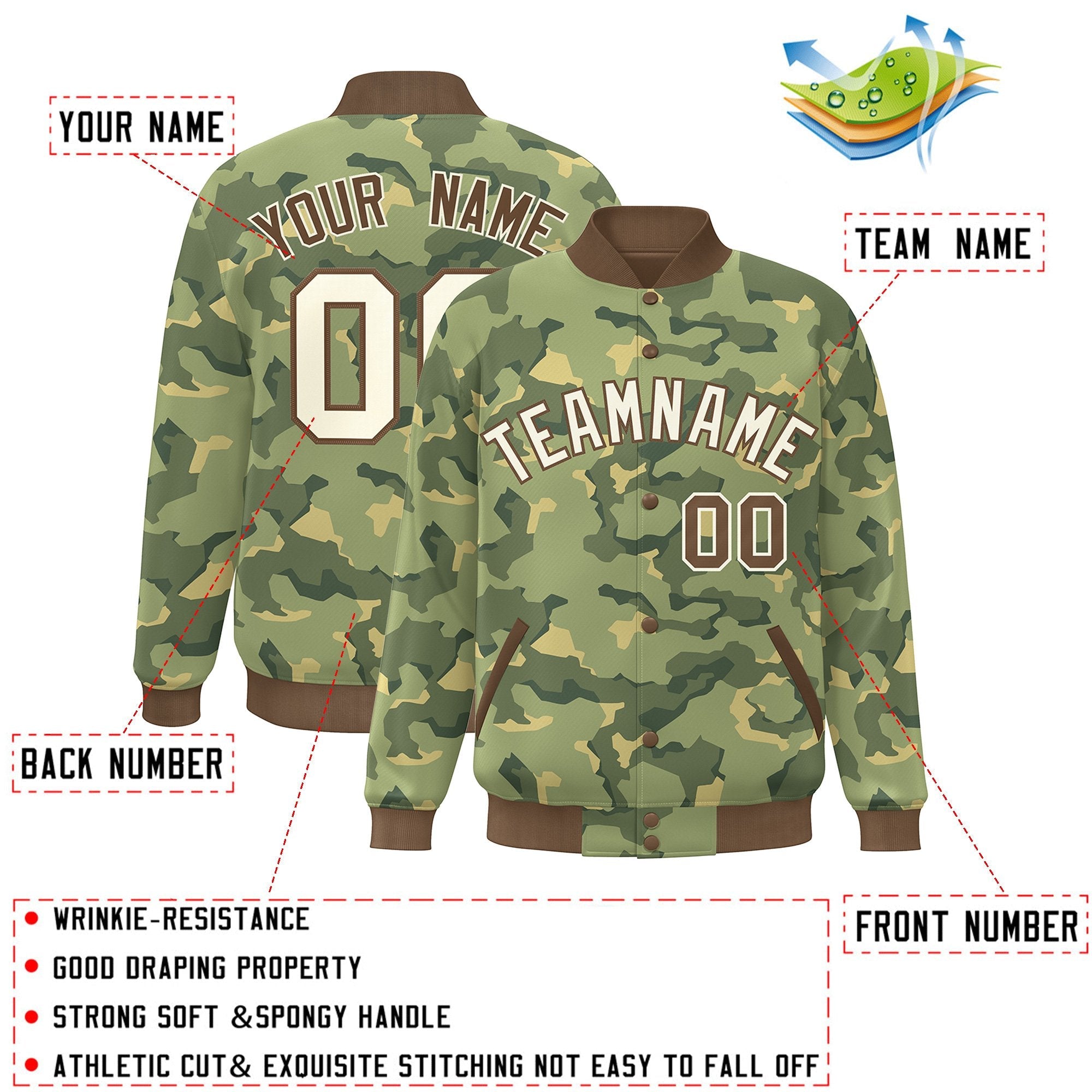 Custom Brown White Camo Varsity Full-Snap Letterman Bomber Jacket