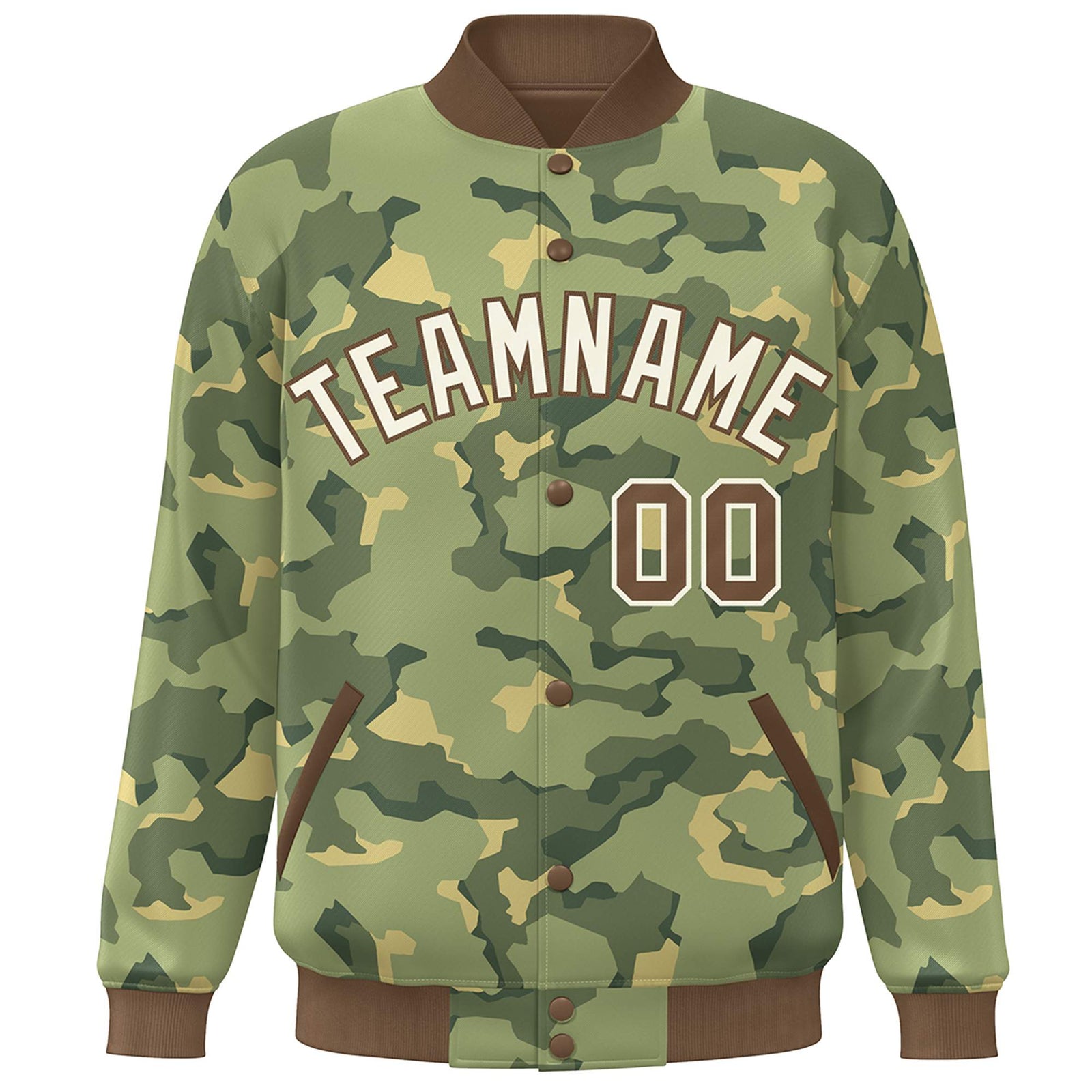 Custom Brown White Camo Varsity Full-Snap Letterman Bomber Jacket