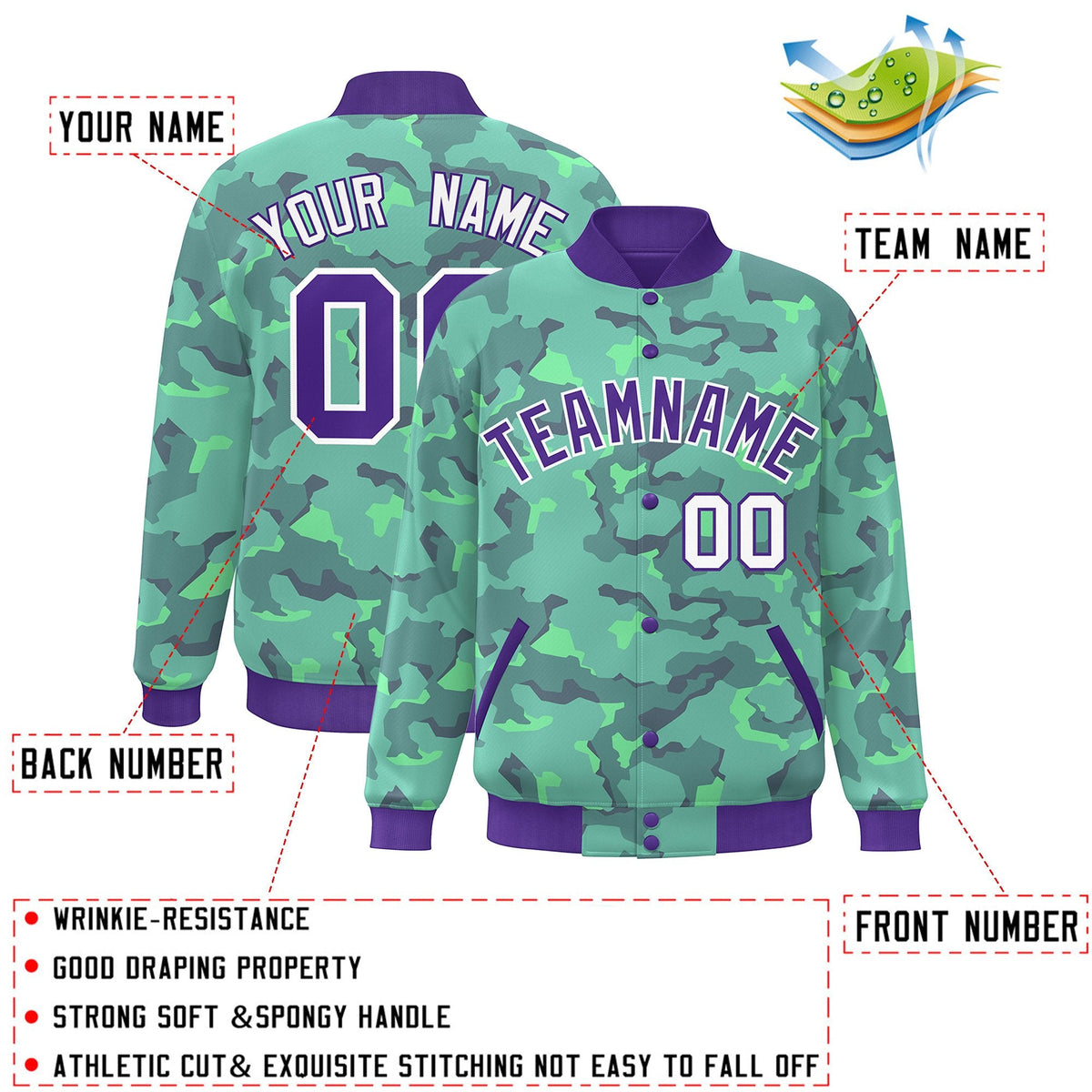 Custom Purple White Camo Varsity Full-Snap Letterman Bomber Jacket