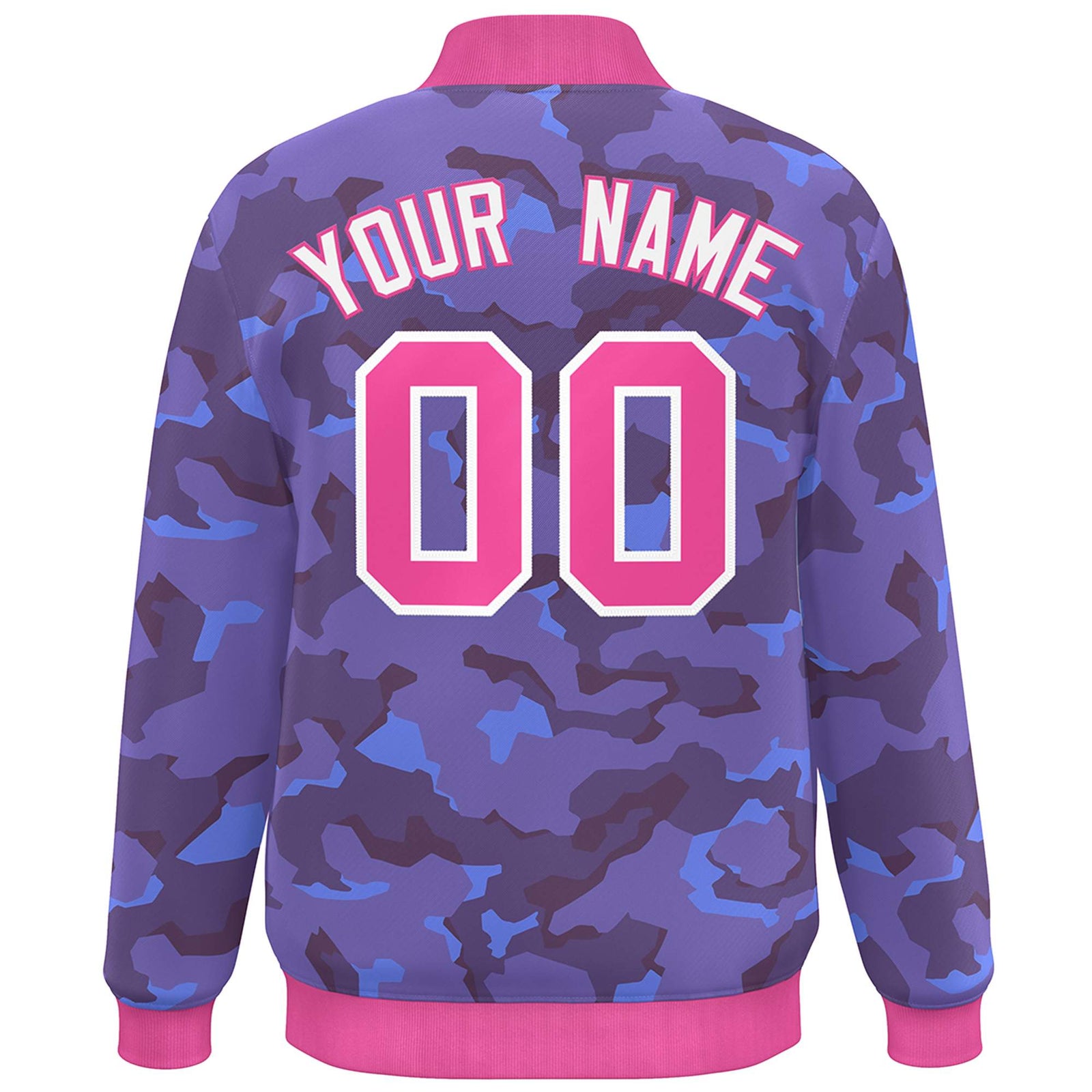 Custom Pink White Camo Varsity Full-Snap Letterman Bomber Jacket