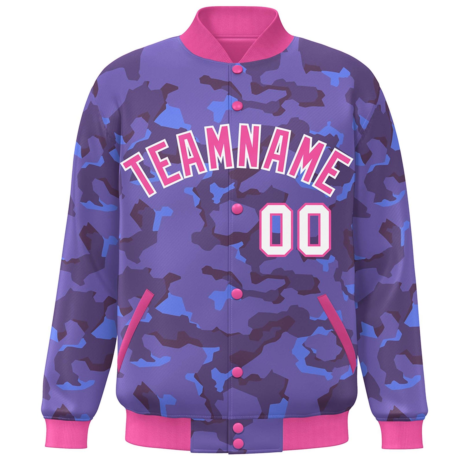 Custom Pink White Camo Varsity Full-Snap Letterman Bomber Jacket