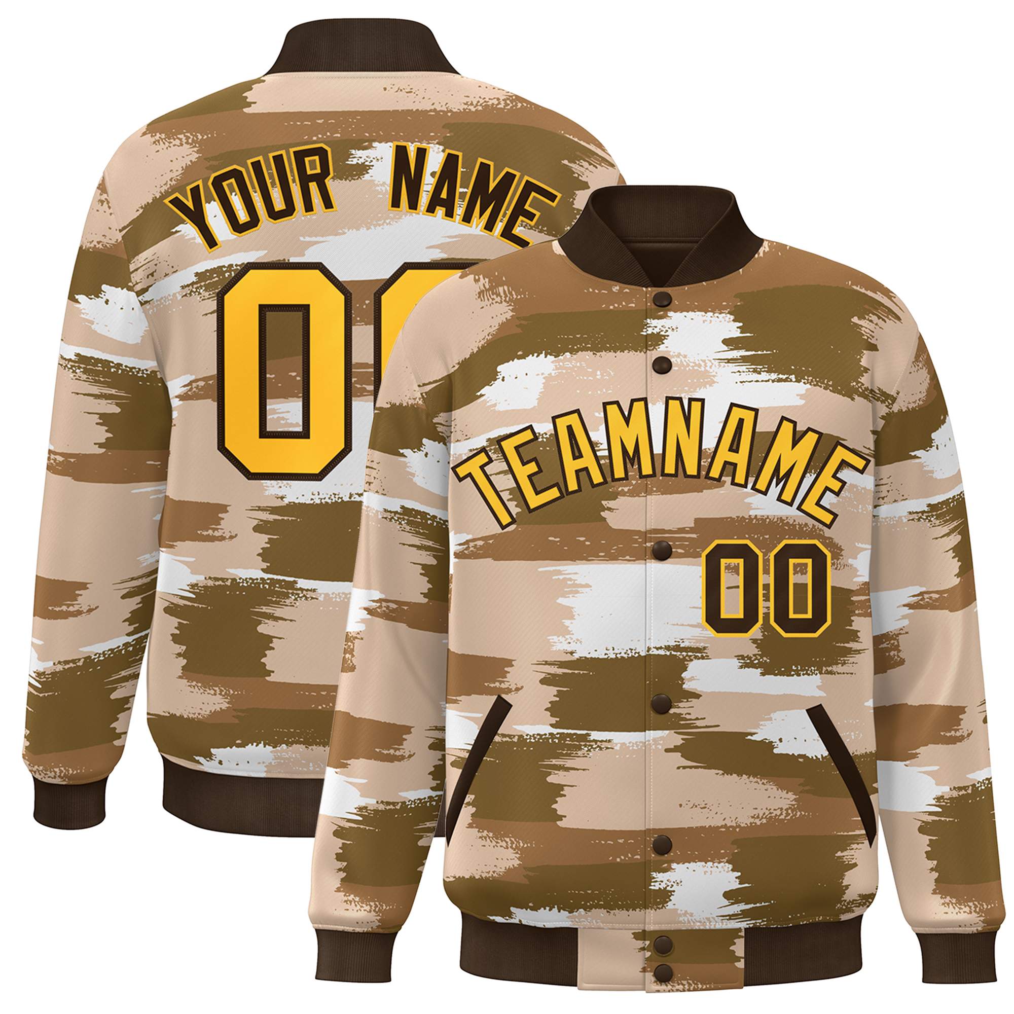 Custom Brown Gold Camo Varsity Full-Snap Letterman Bomber Jacket