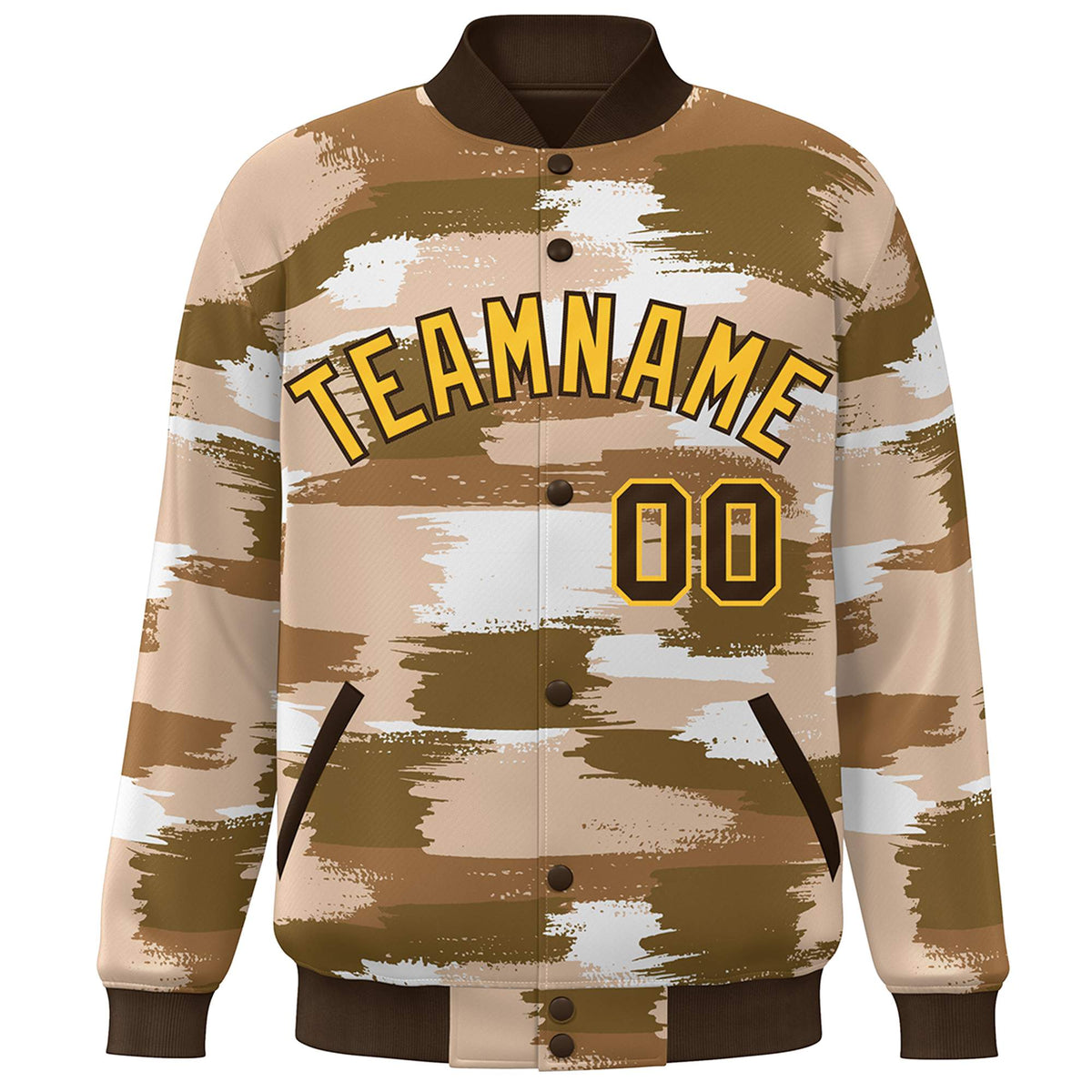 Custom Brown Gold Camo Varsity Full-Snap Letterman Bomber Jacket