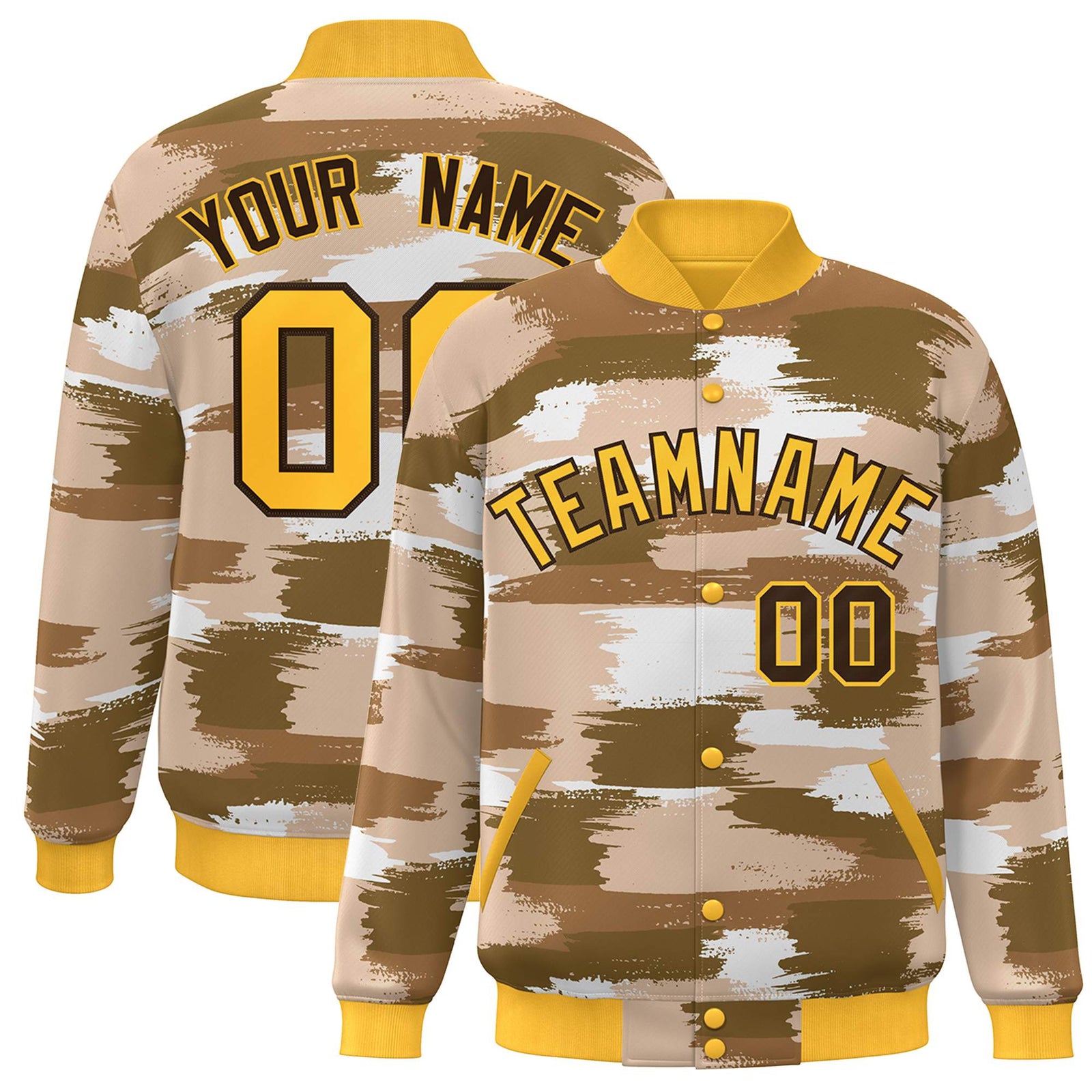 Custom Yellow Brown Camo Varsity Full-Snap Letterman Bomber Jacket