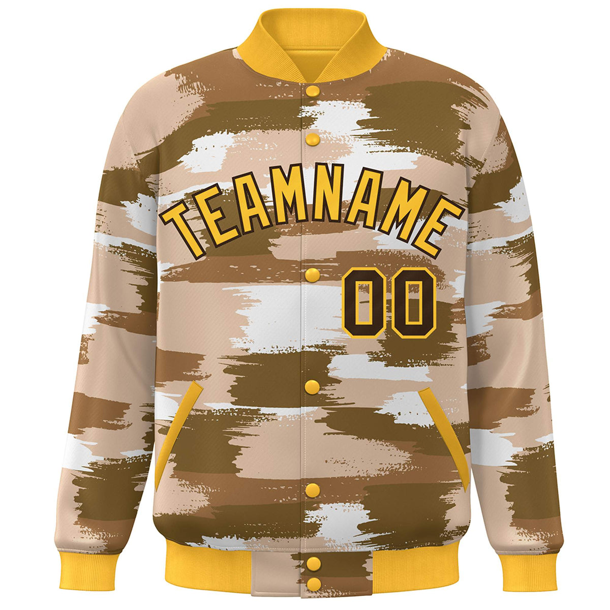 Custom Yellow Brown Camo Varsity Full-Snap Letterman Bomber Jacket