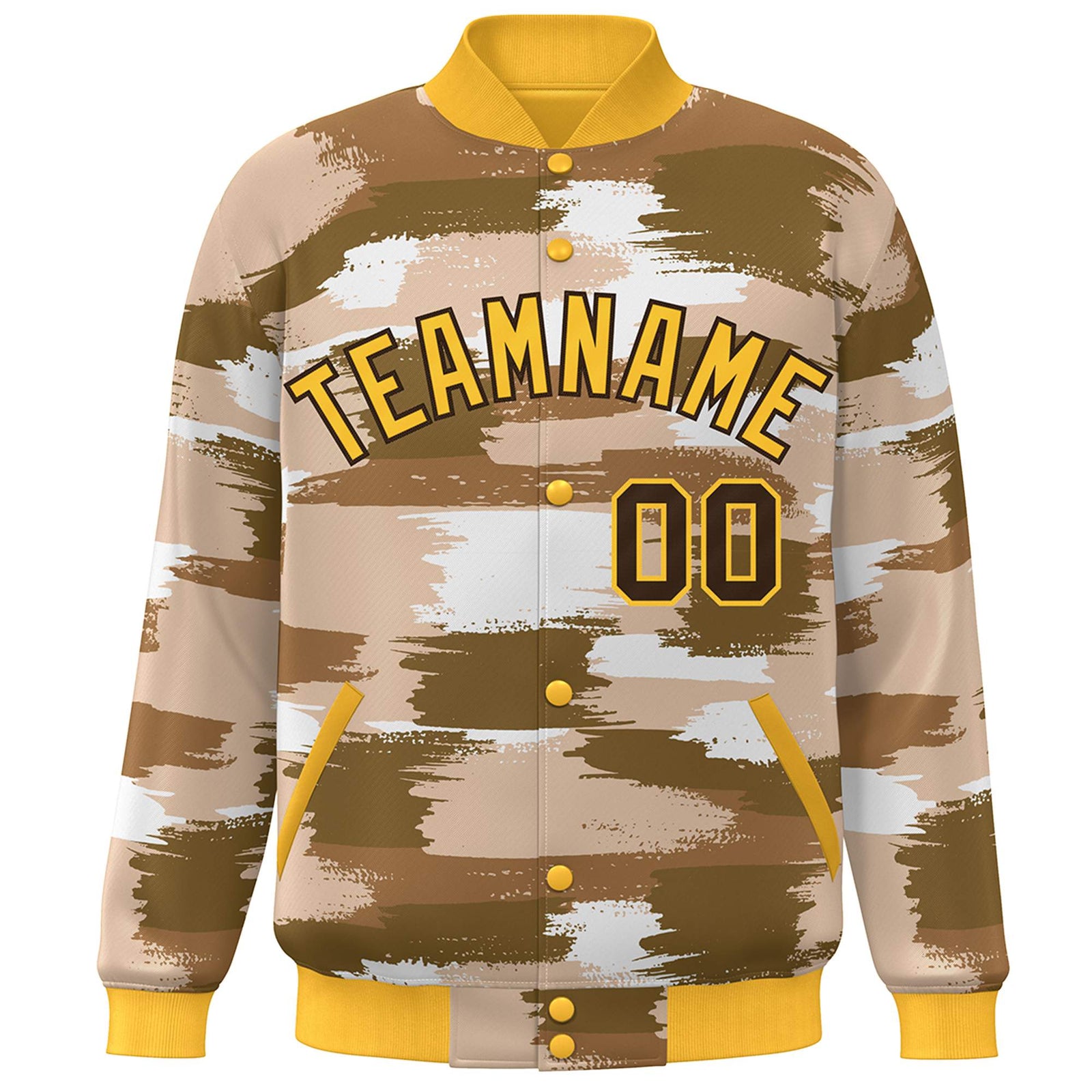 Custom Yellow Brown Camo Varsity Full-Snap Letterman Bomber Jacket