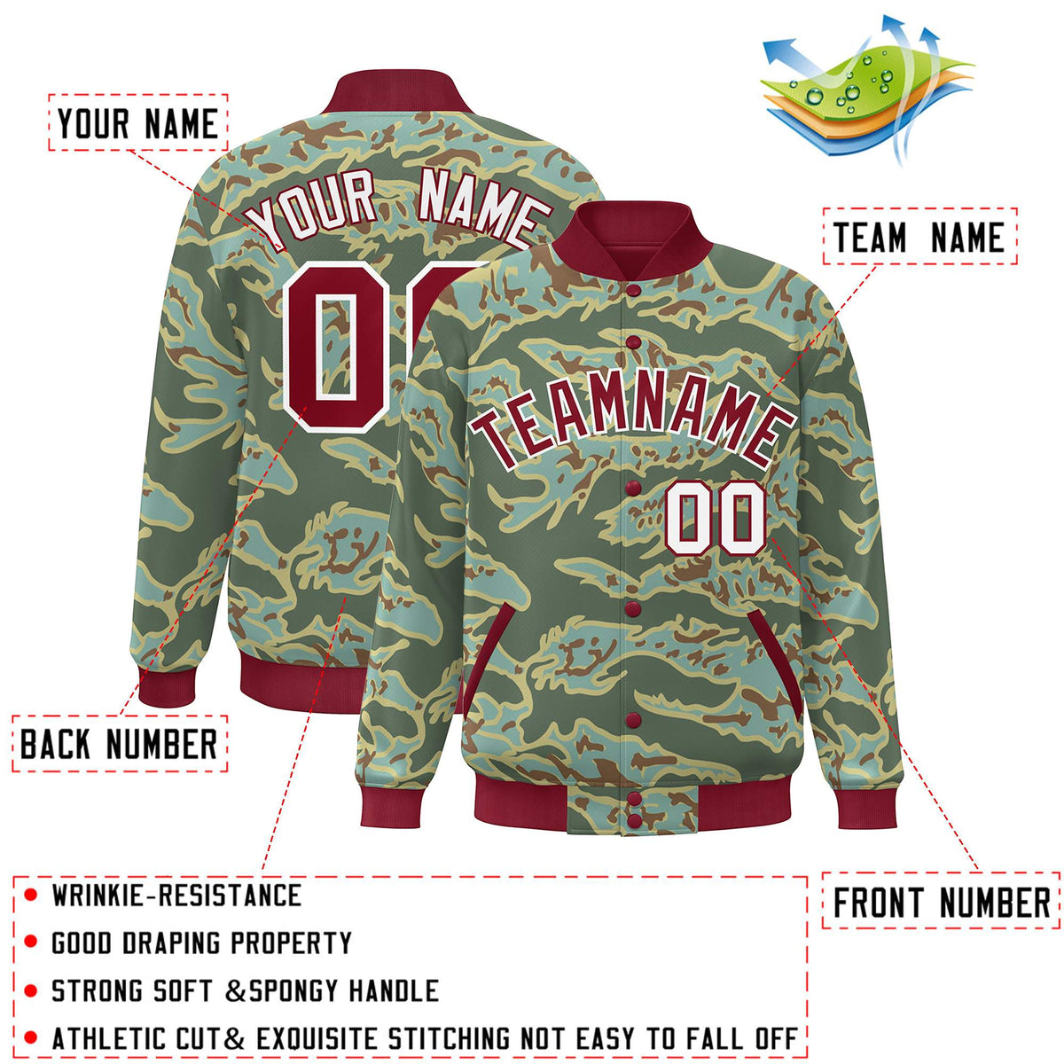 Custom Crimson White Camo Varsity Full-Snap Letterman Bomber Jacket