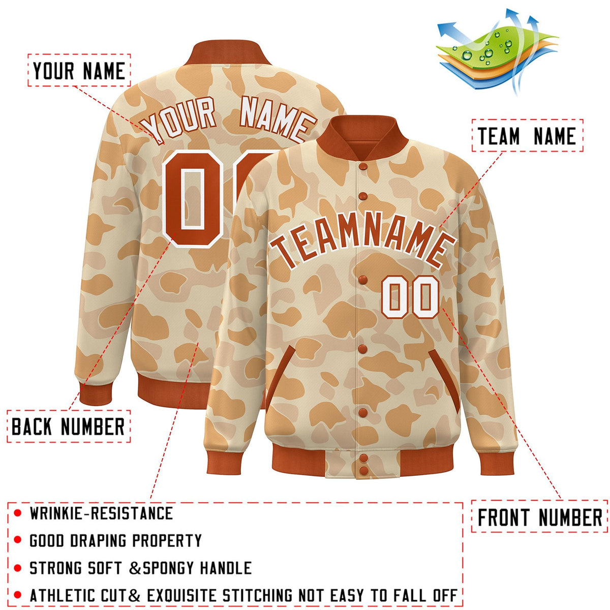 Custom Orange White Camo Varsity Full-Snap Letterman Bomber Jacket